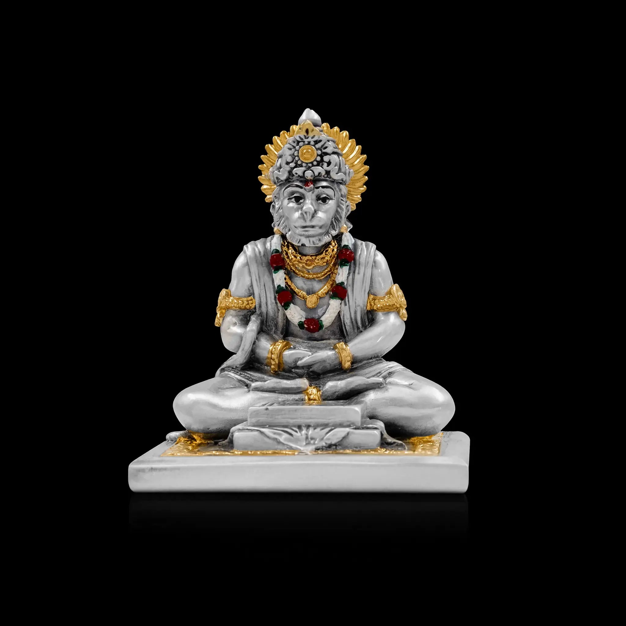 Silver Hanuman Figurine Seated on Ornate Pedestal PIDRSH4-003