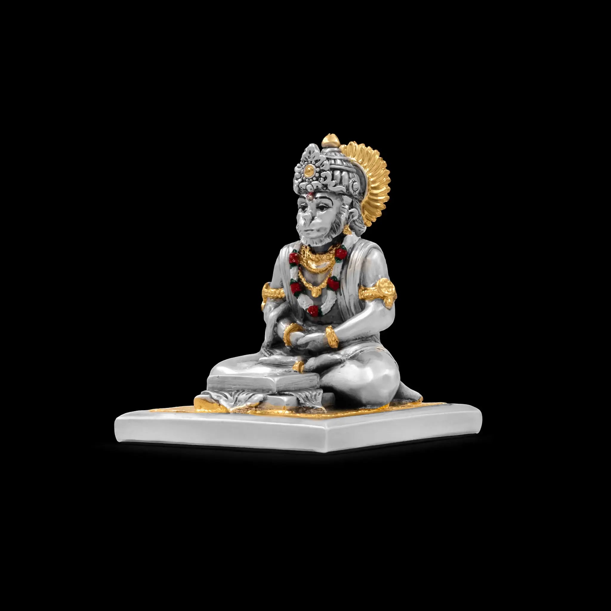 Silver Hanuman Figurine Seated on Ornate Pedestal PIDRSH4-003