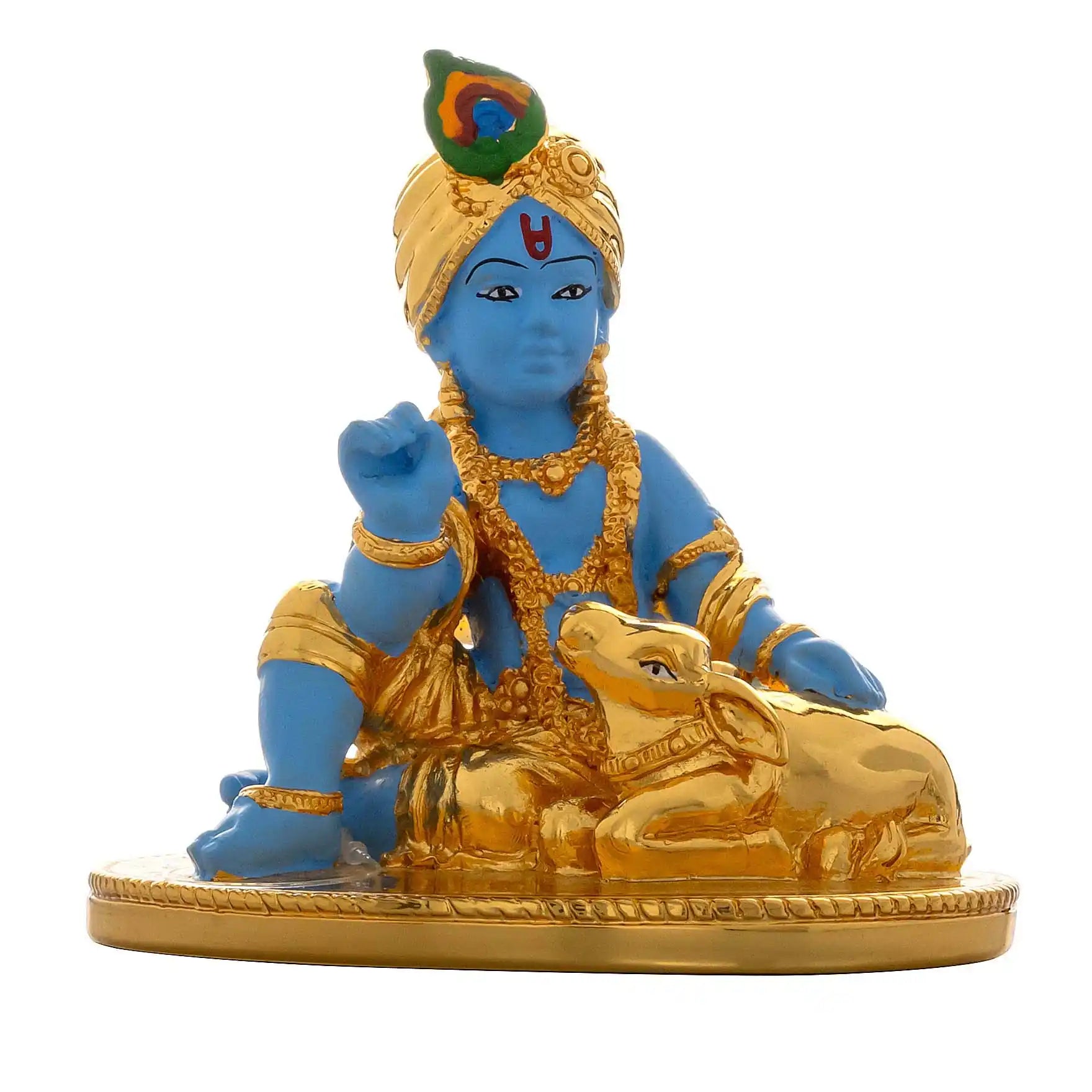 Bal Krishna Idol – Gold Layered Figurine with Blue Finish and Cow – Laddu Gopal Murti (Hindu Spiritual Statue) – Pooja & Home Décor | PIDRGKR-082