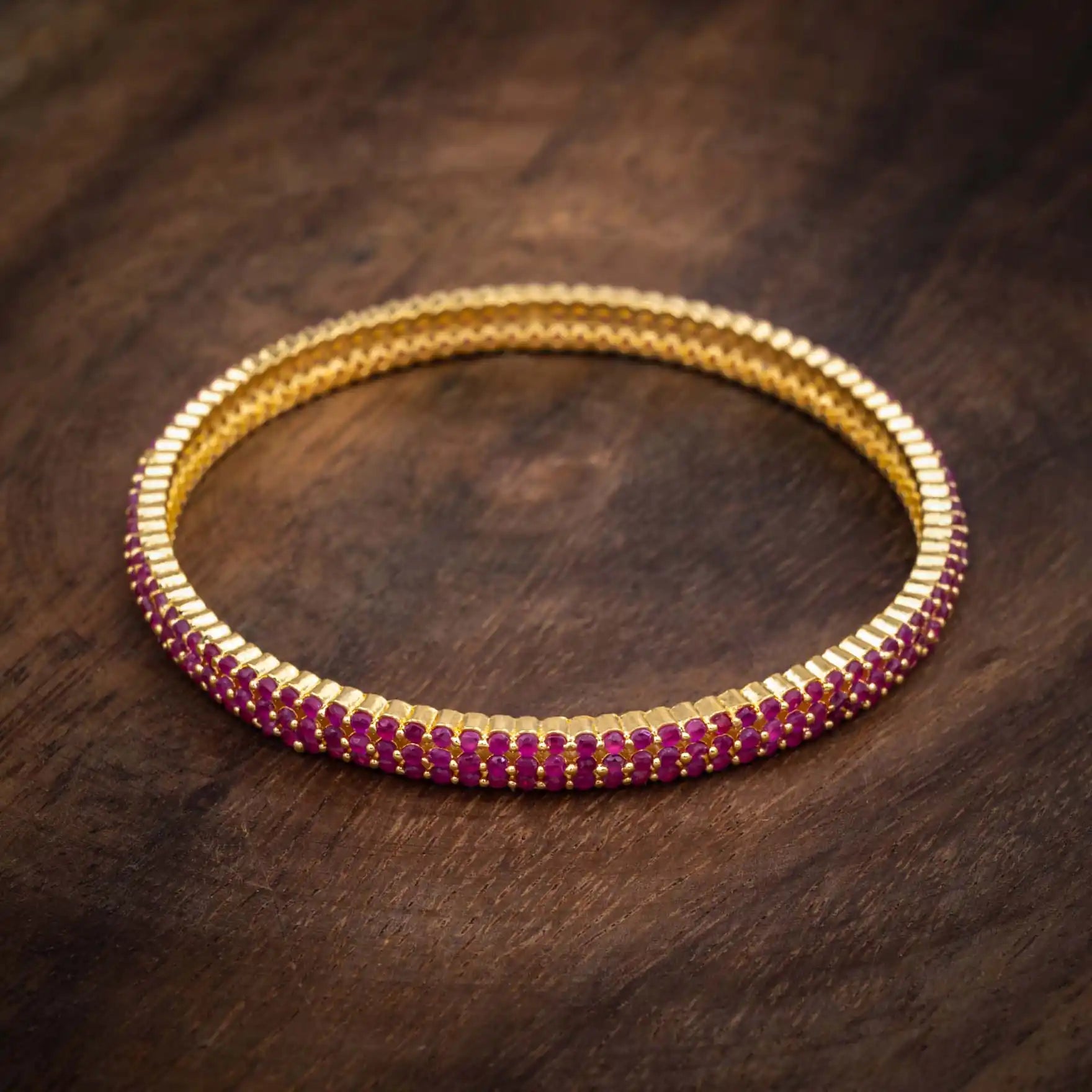 Red Twin Bead Row Stone Bangle Gold Layered