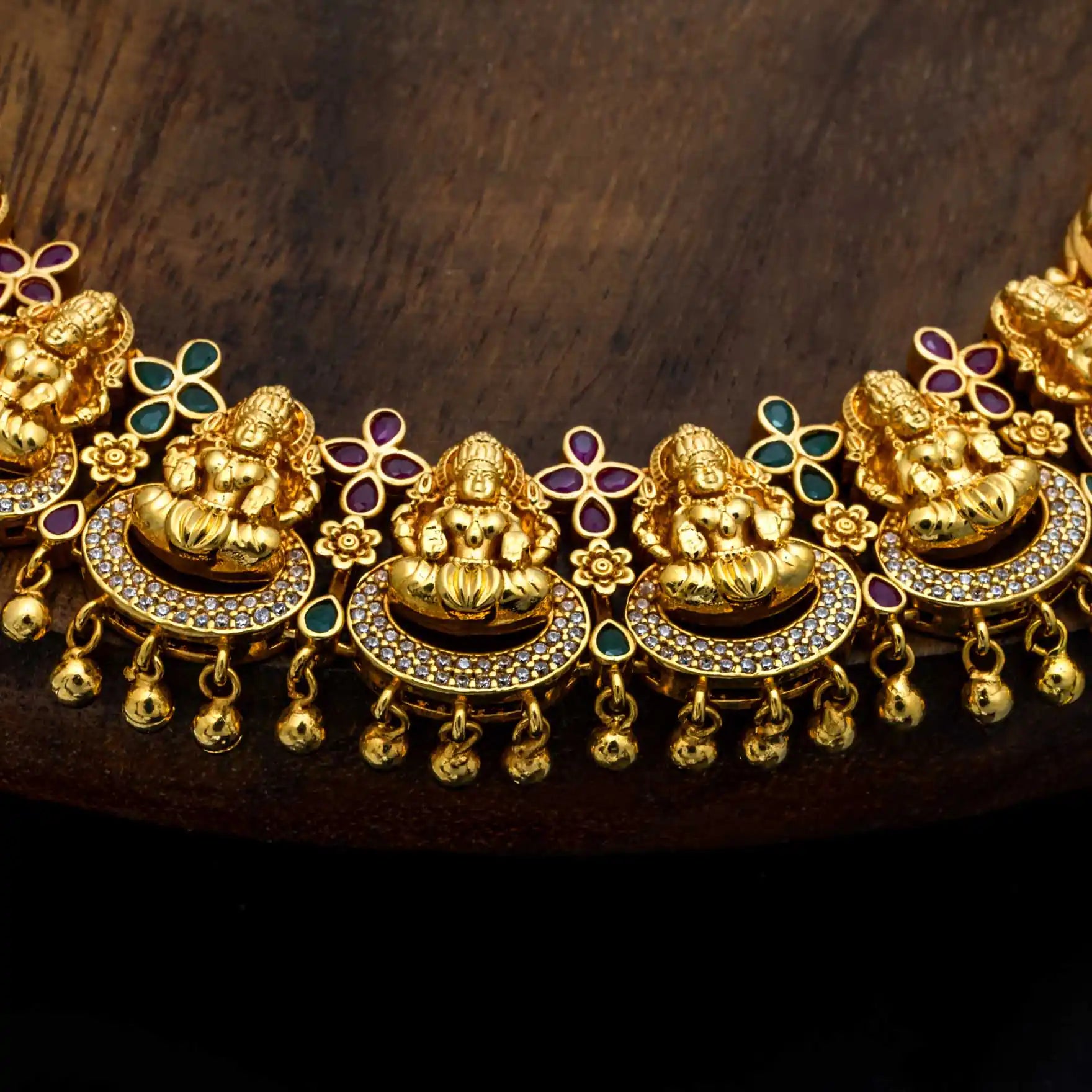 Sreshta Goddess Lakshmi Temple Necklace - Antique Gold Finish with Red & Green Stones — Gold Plat...