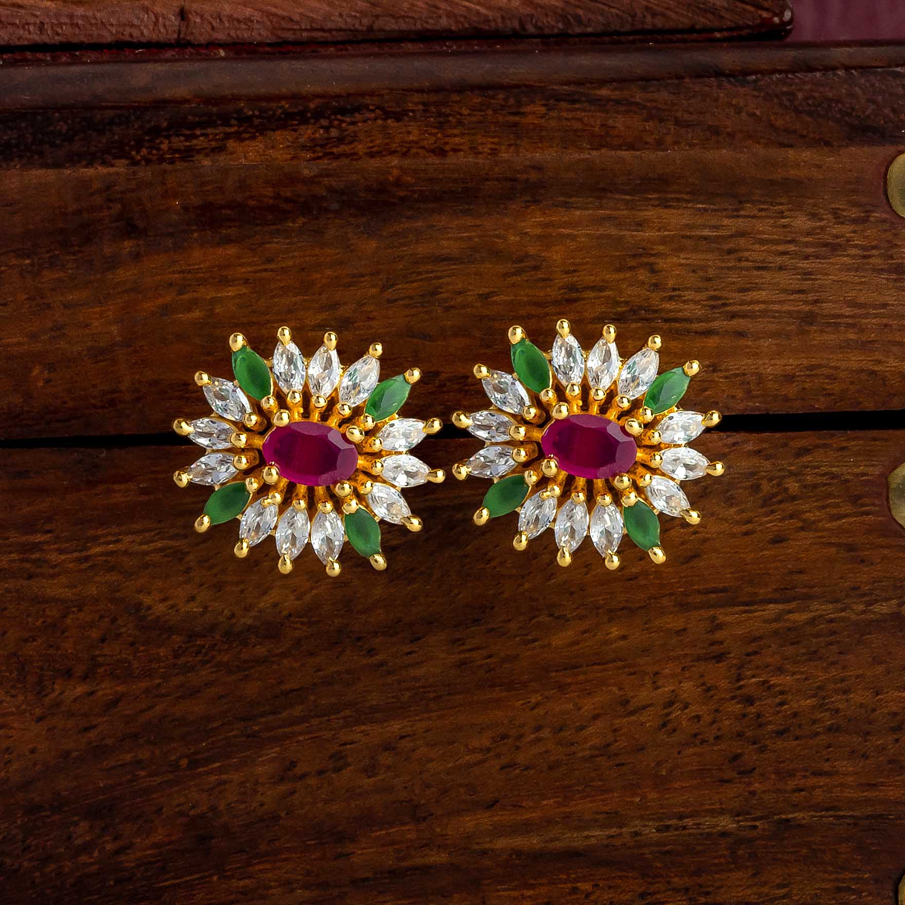 Stylish Ad Stone Gold Layered Stud Earrings for Women