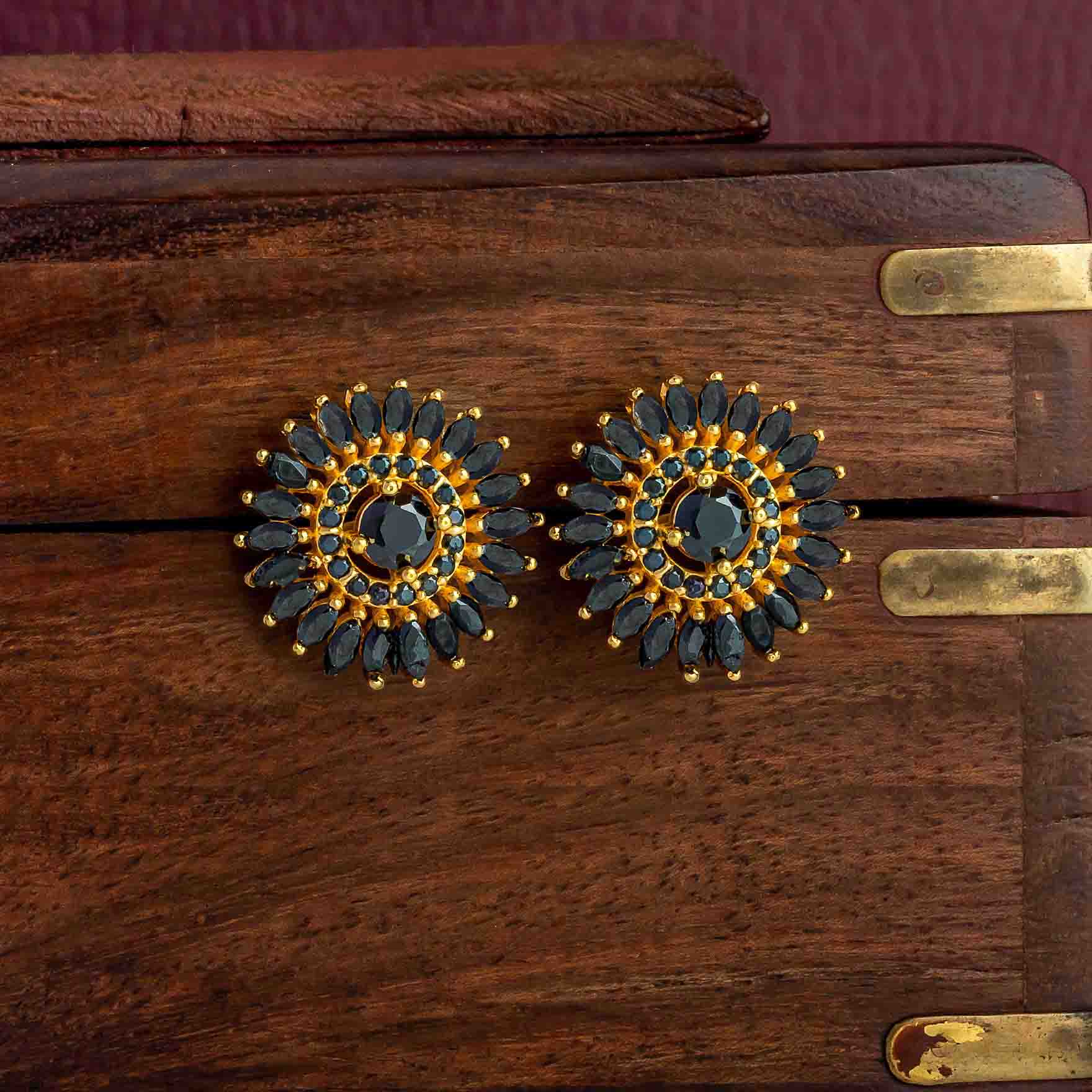 Beautiful Round Shaped Black Stone Gold Earrings