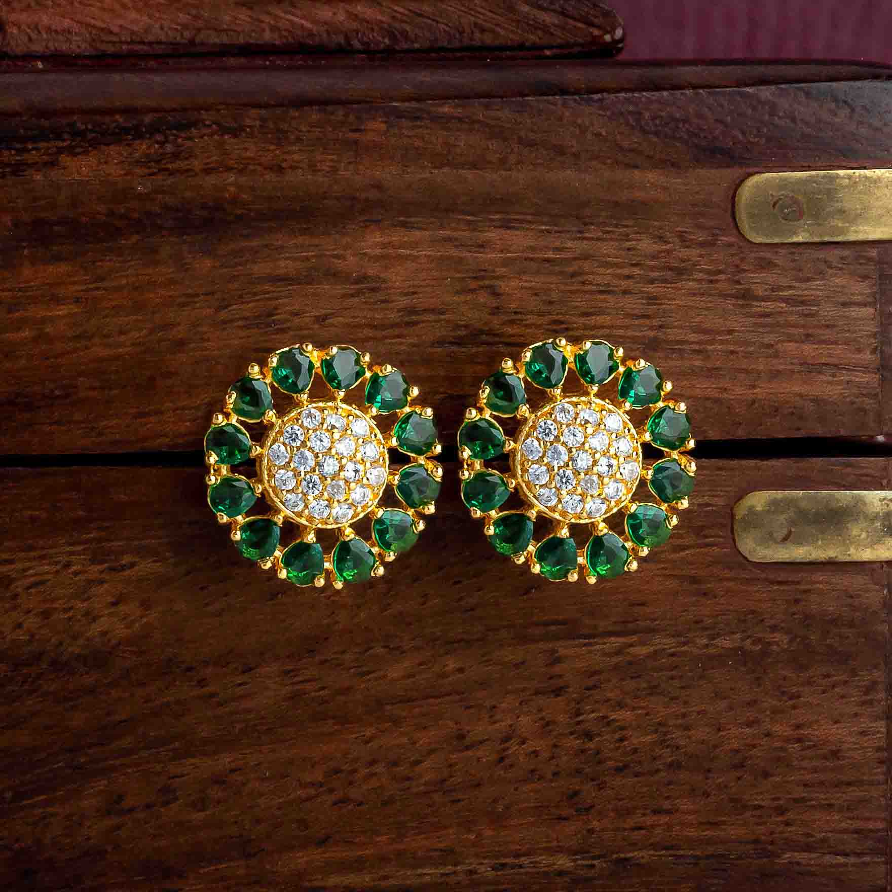Designer Green Stone Round Shaped Gold Earrings