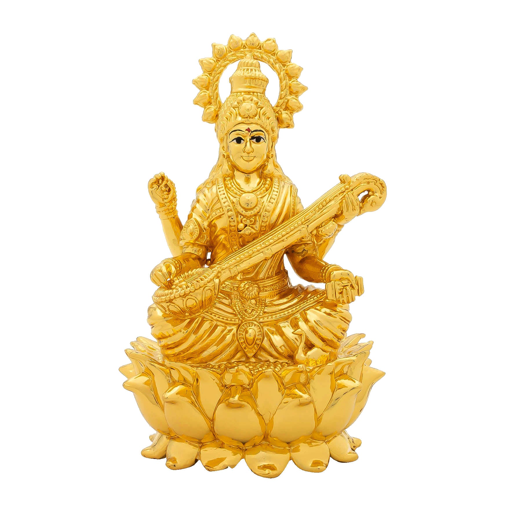 Goddess Saraswati Idol on Lotus – Gold Plated Decorative Statue – Veena Playing Design – Hindu Spiritual Figurine – Pooja & Home Decor | PIDSW19-0001