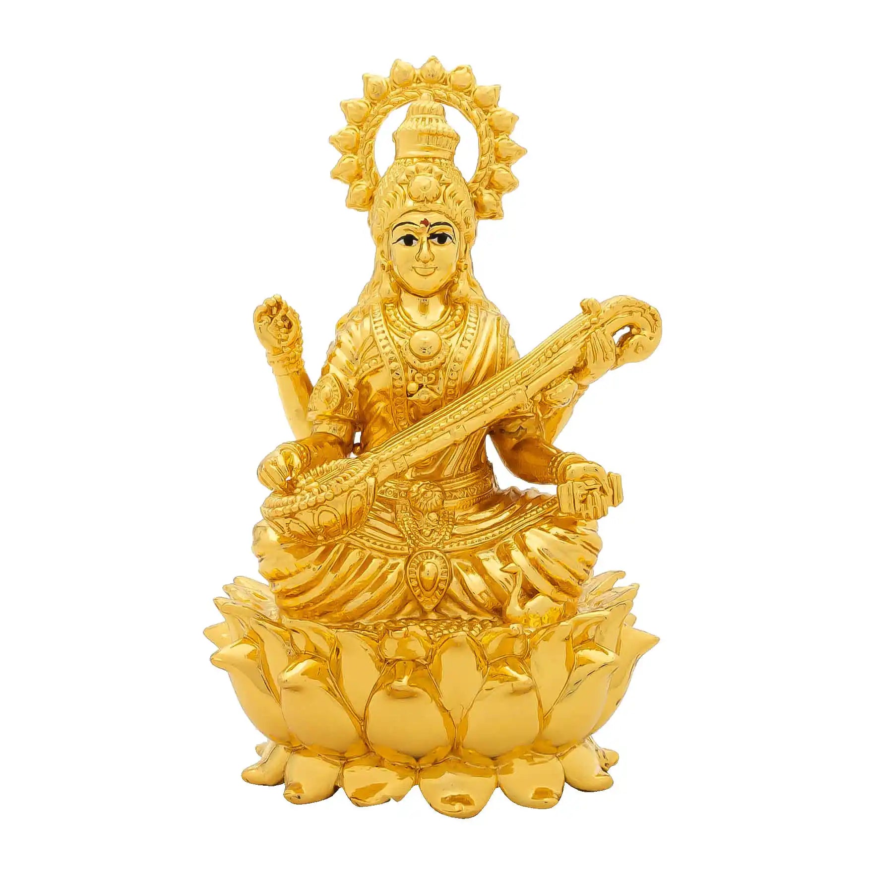 Goddess Saraswati Idol on Lotus – Gold Plated Decorative Statue – Veena Playing Design – Hindu Spiritual Figurine – Pooja & Home Decor | PIDSW19-0001