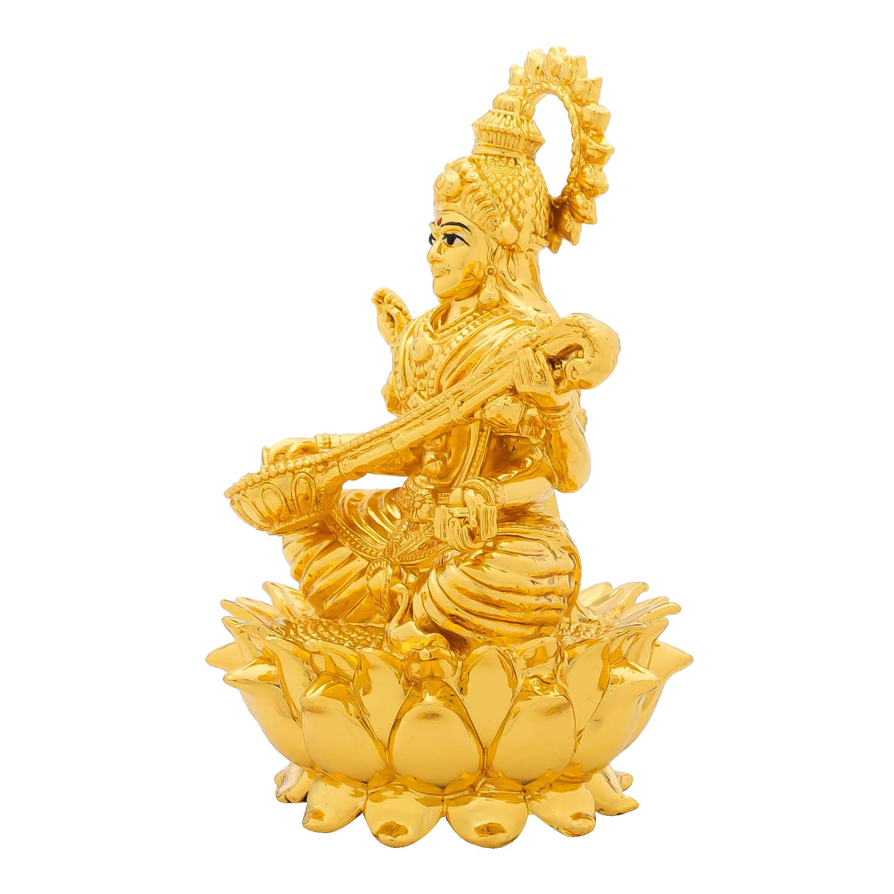 Goddess Saraswati Idol on Lotus – Gold Plated Decorative Statue – Veena Playing Design – Hindu Spiritual Figurine – Pooja & Home Decor | PIDSW19-0001
