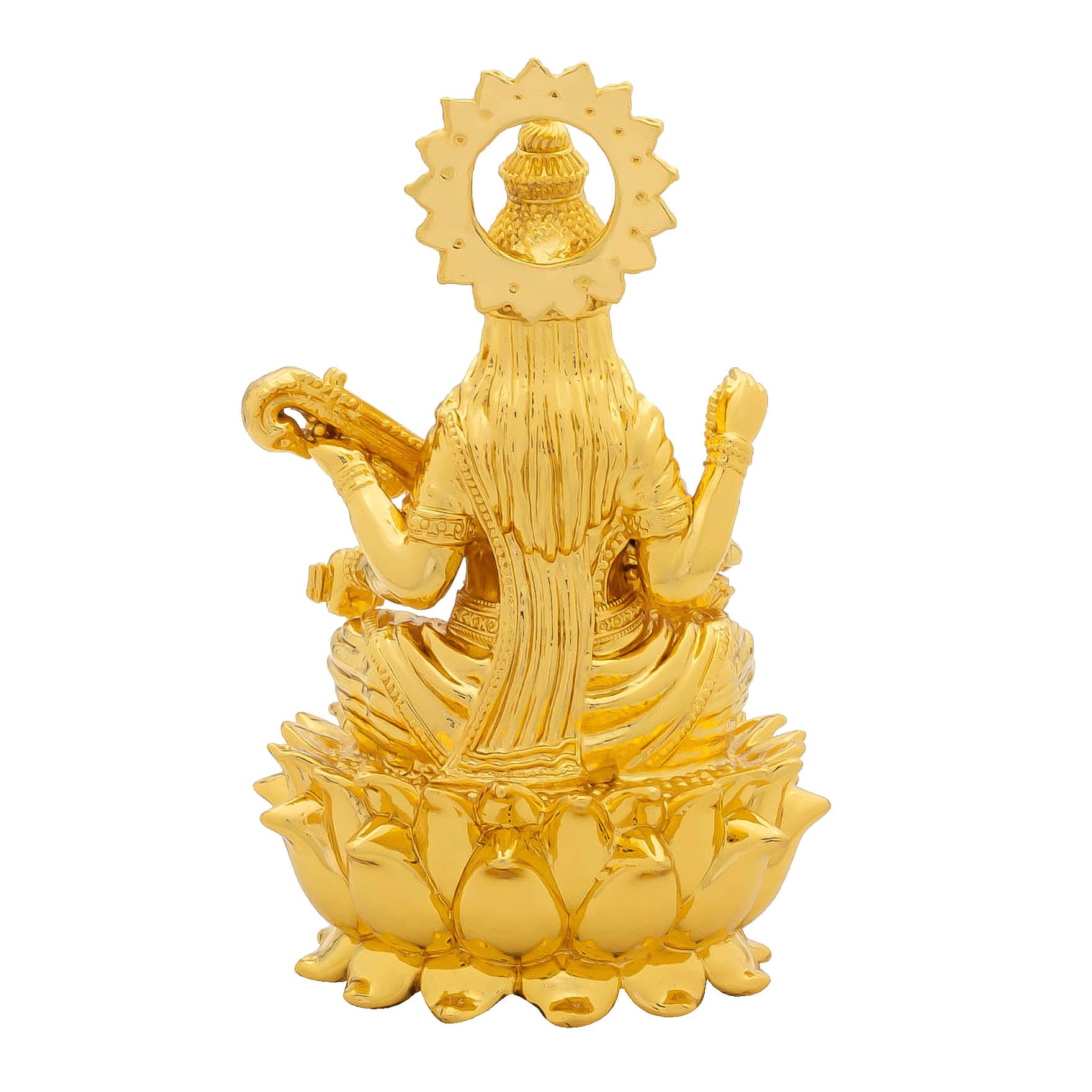 Goddess Saraswati Idol on Lotus – Gold Plated Decorative Statue – Veena Playing Design – Hindu Spiritual Figurine – Pooja & Home Decor | PIDSW19-0001