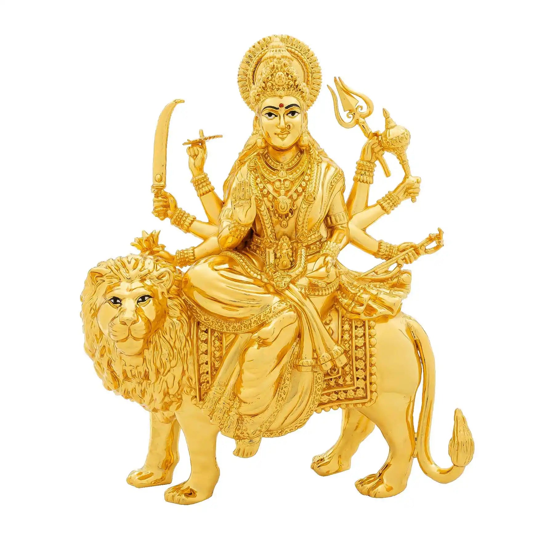 Durga Devi Idol – Gold-Plated Hindu Goddess Statue – Lion-Riding Mahishasura Mardini Murti – Home Temple & Festive Puja Decor | PIDDU20-0004
