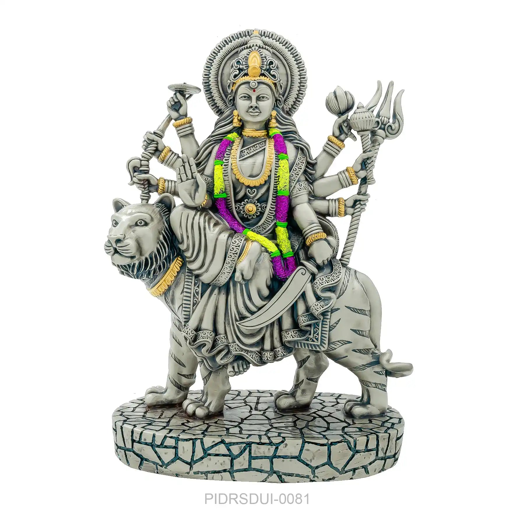 Goddess Durga Idol – Antique Silver Layered Figurine Riding Tiger – Hindu Spiritual Statue – Navratri Pooja & Home Décor | PIDRSDU1-0081