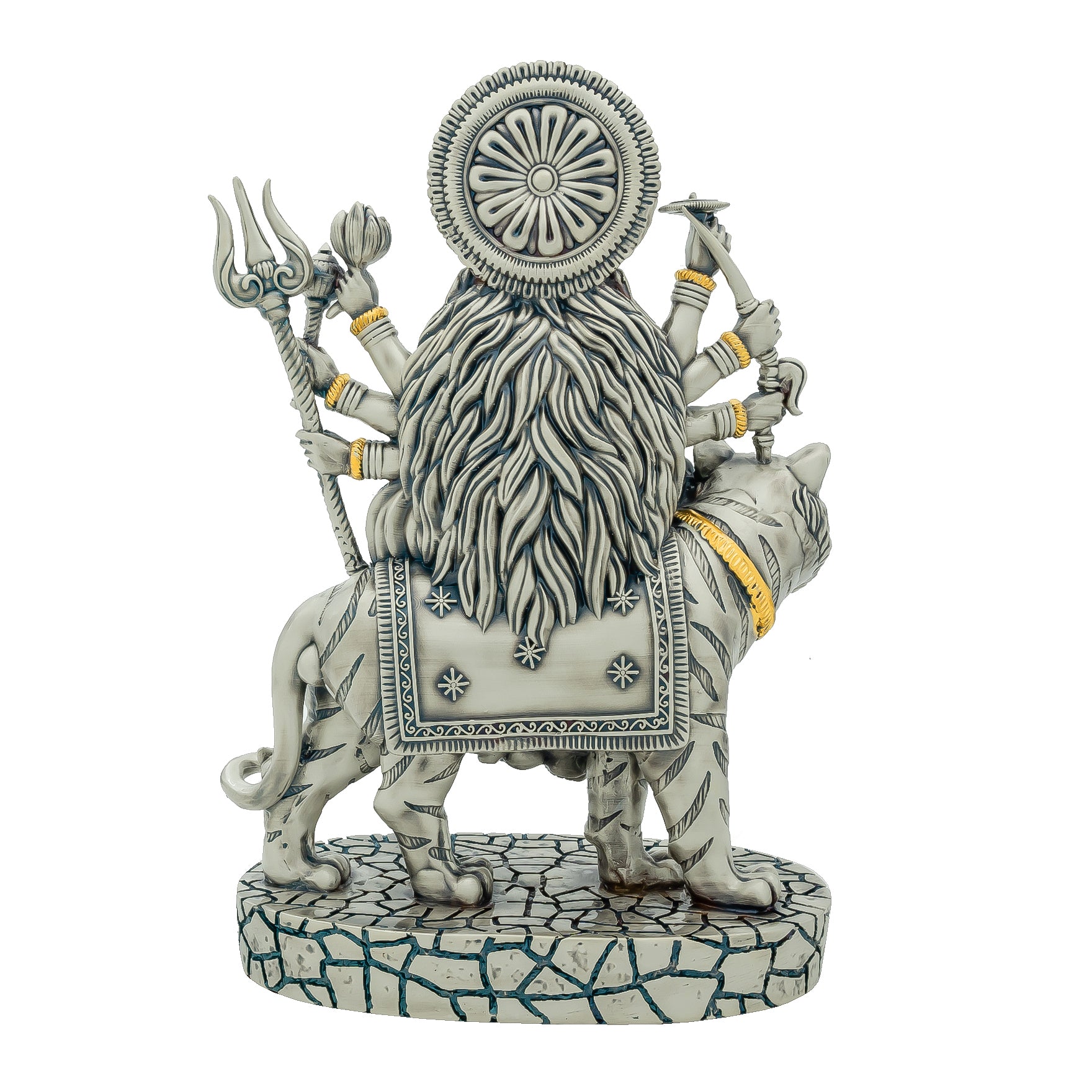 Goddess Durga Idol – Antique Silver Layered Figurine Riding Tiger – Hindu Spiritual Statue – Navratri Pooja & Home Décor | PIDRSDUI-0081