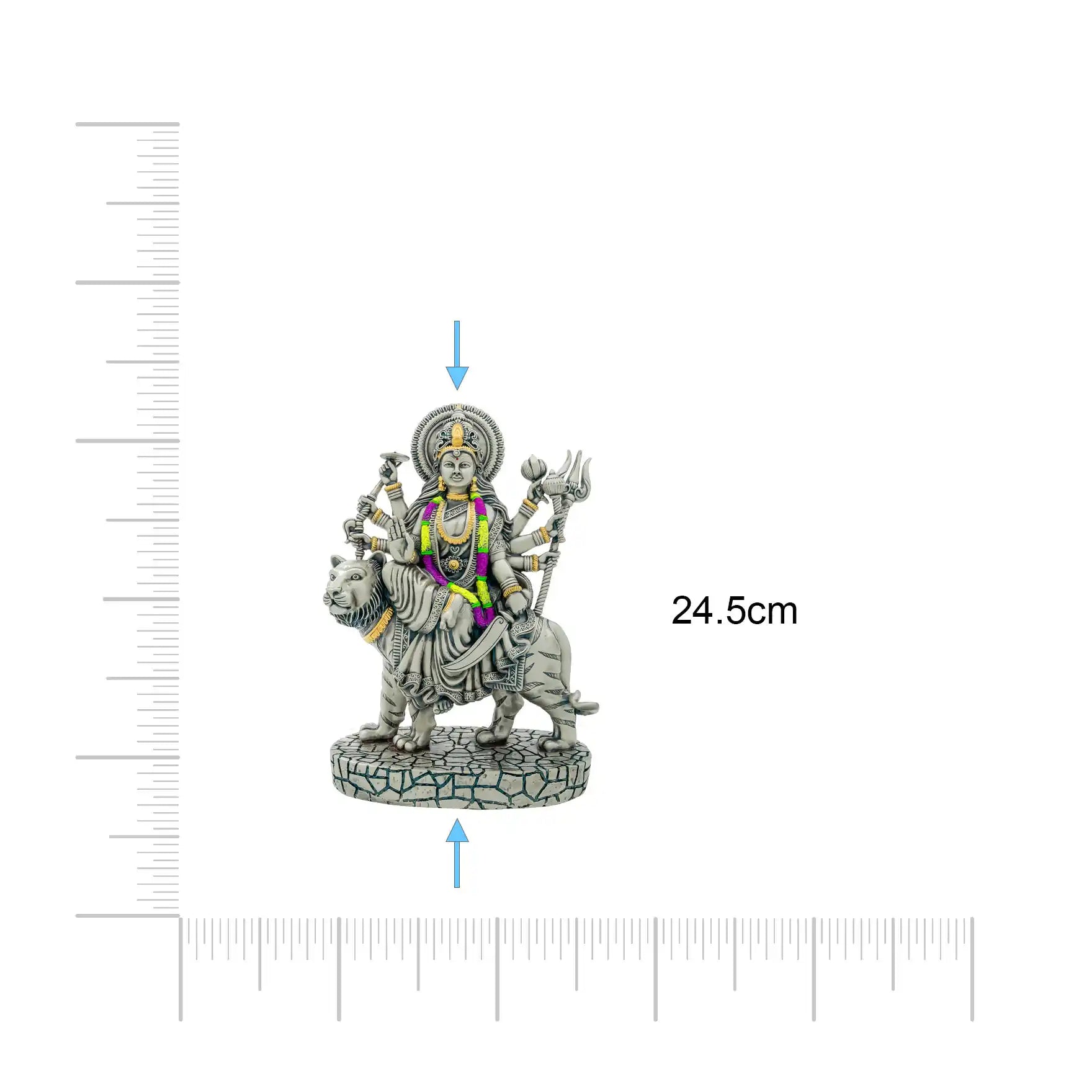 Goddess Durga Idol – Antique Silver Layered Figurine Riding Tiger – Hindu Spiritual Statue – Navratri Pooja & Home Décor | PIDRSDU1-0081