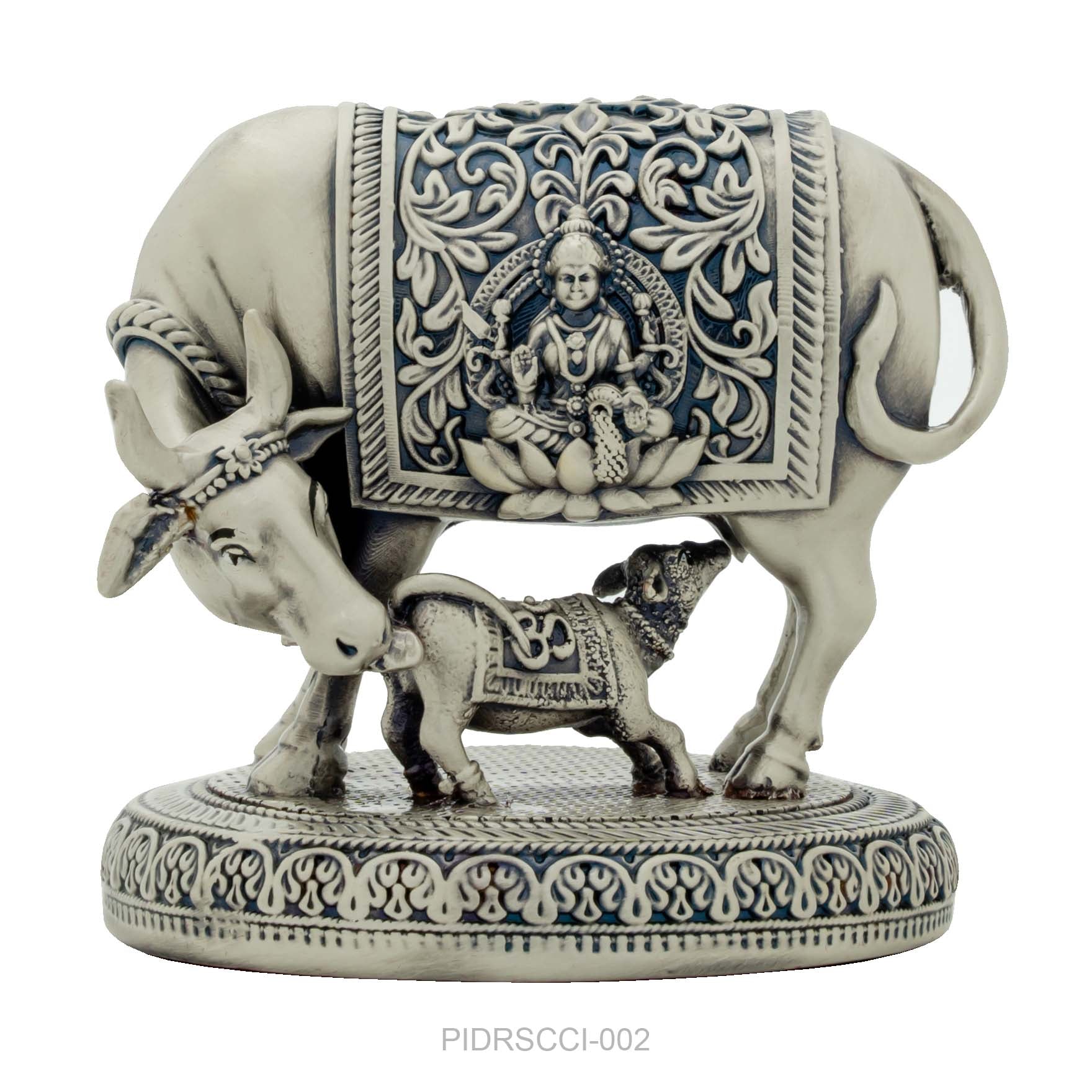 Kamadhenu Cow with Calf Figurine – Antique Silver Layered Showpiece with Carved Lakshmi Design – Vastu & Home Décor | PIDRSCCI-002