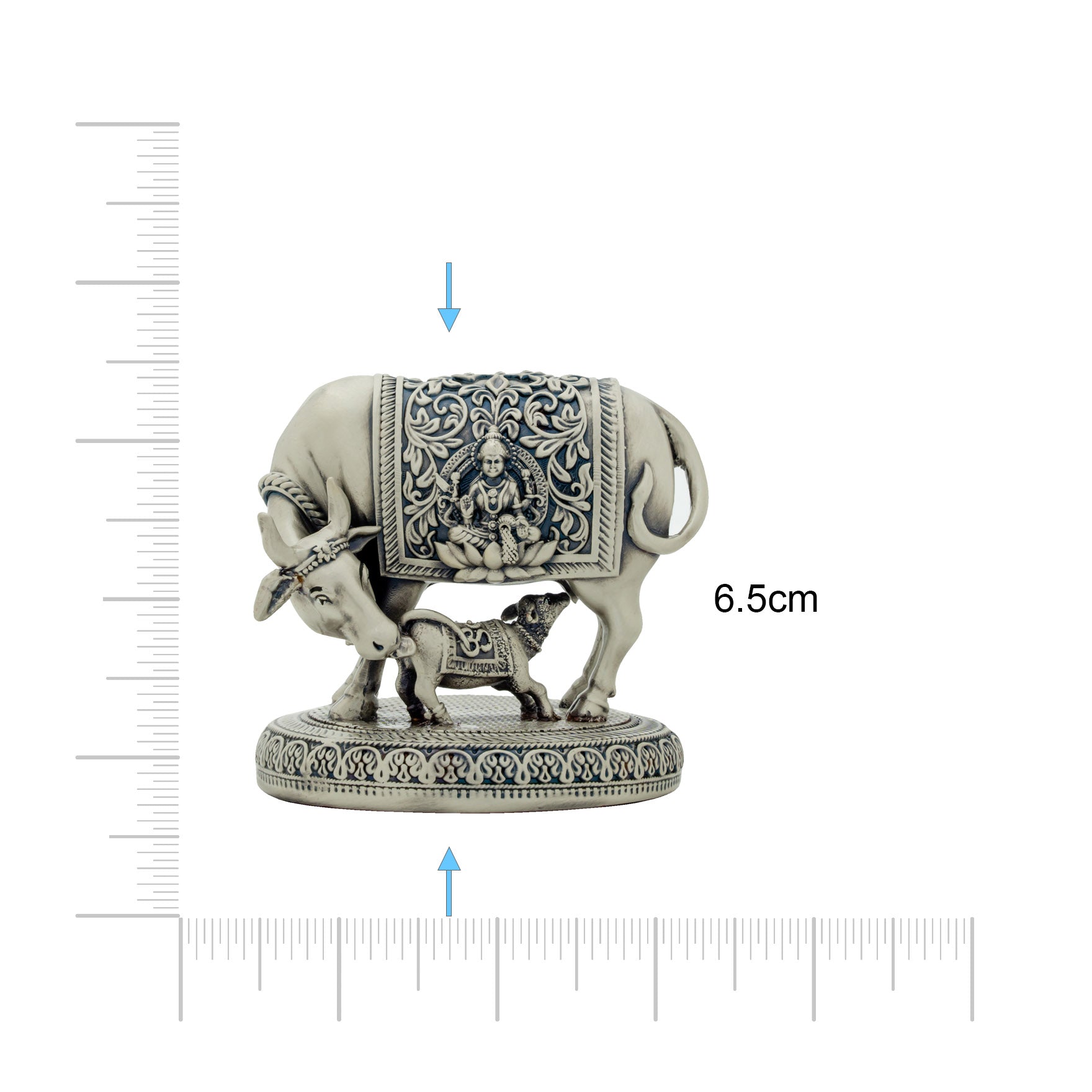 Kamadhenu Cow with Calf Figurine – Antique Silver Layered Showpiece with Carved Lakshmi Design – Vastu & Home Décor | PIDRSCCI-002