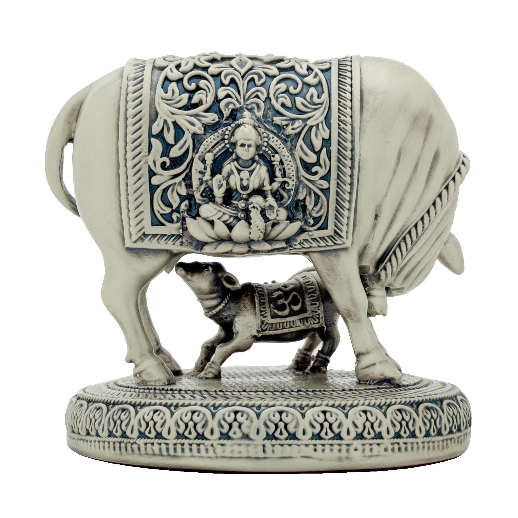 Kamadhenu Cow with Calf Figurine – Antique Silver Layered Showpiece with Carved Lakshmi Design – Vastu & Home Décor | PIDRSCCI-002