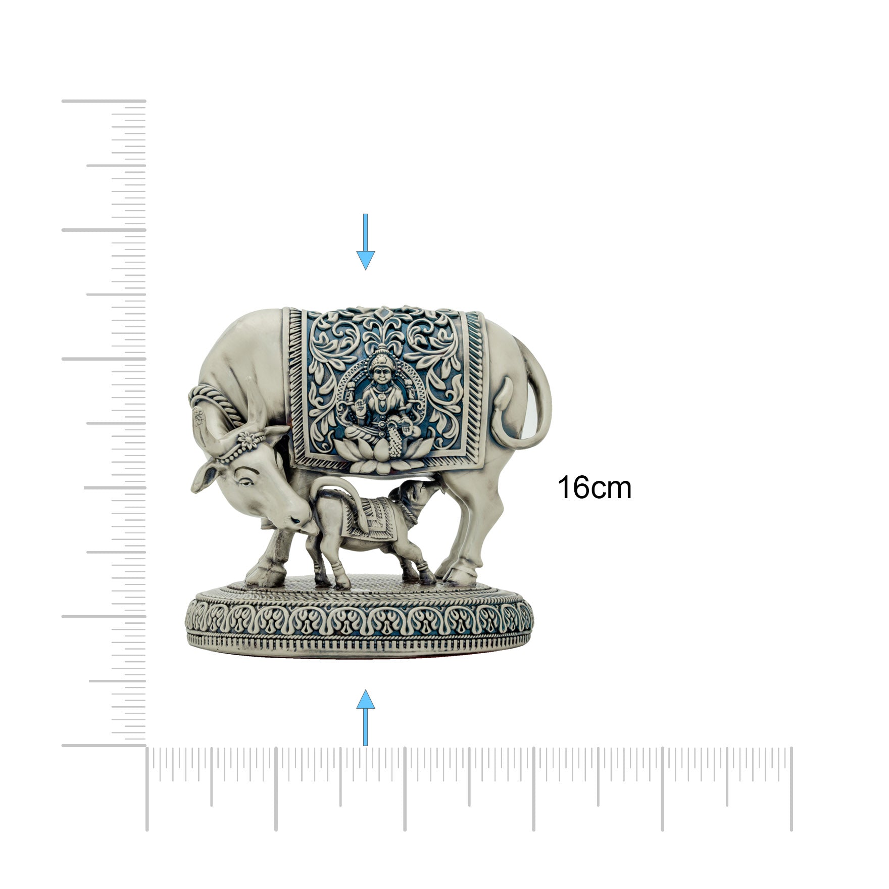 Kamadhenu Cow with Calf Figurine – Antique Silver Layered Showpiece with Carved Lakshmi Design – Vastu & Home Décor | PIDRSCC2-006