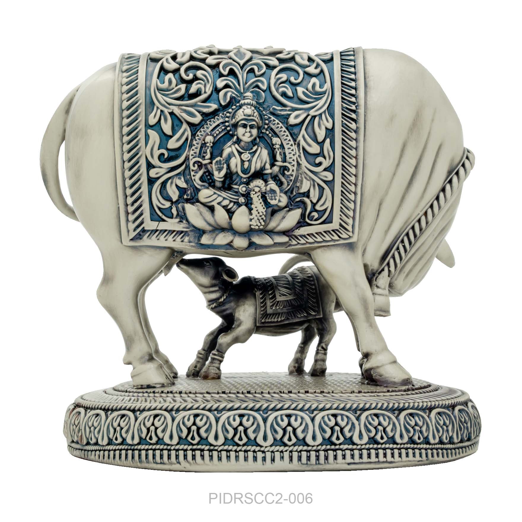 Kamadhenu Cow with Calf Figurine – Antique Silver Layered Showpiece with Carved Lakshmi Design – Vastu & Home Décor | PIDRSCC2-006