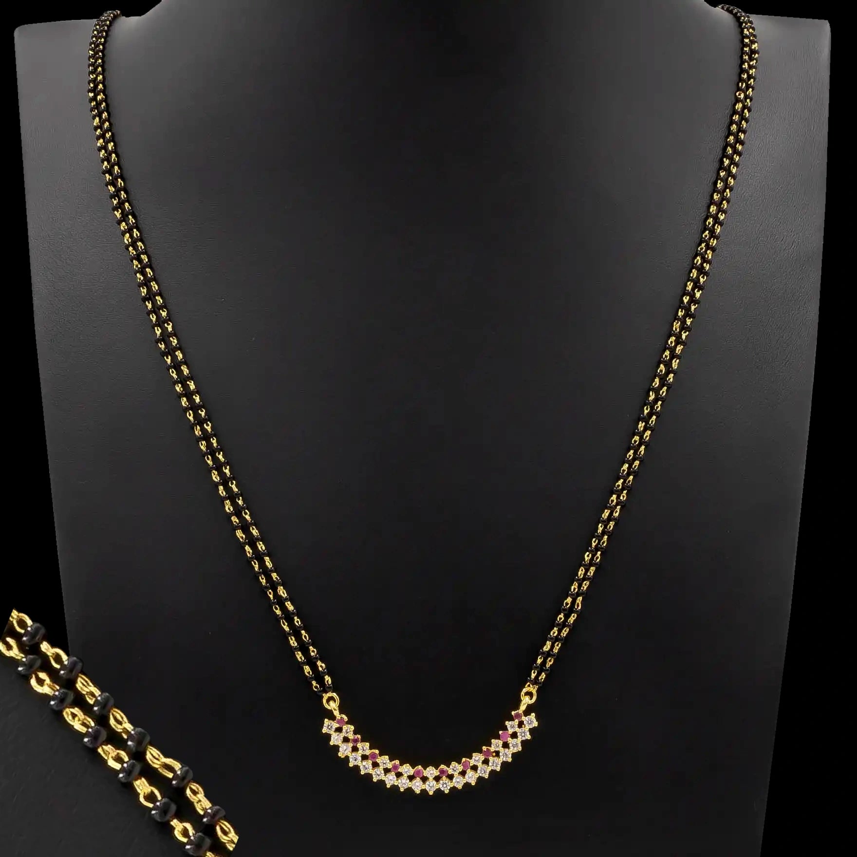 CZ Row Black Bead Long Locket Karimani Chain Gold Layered