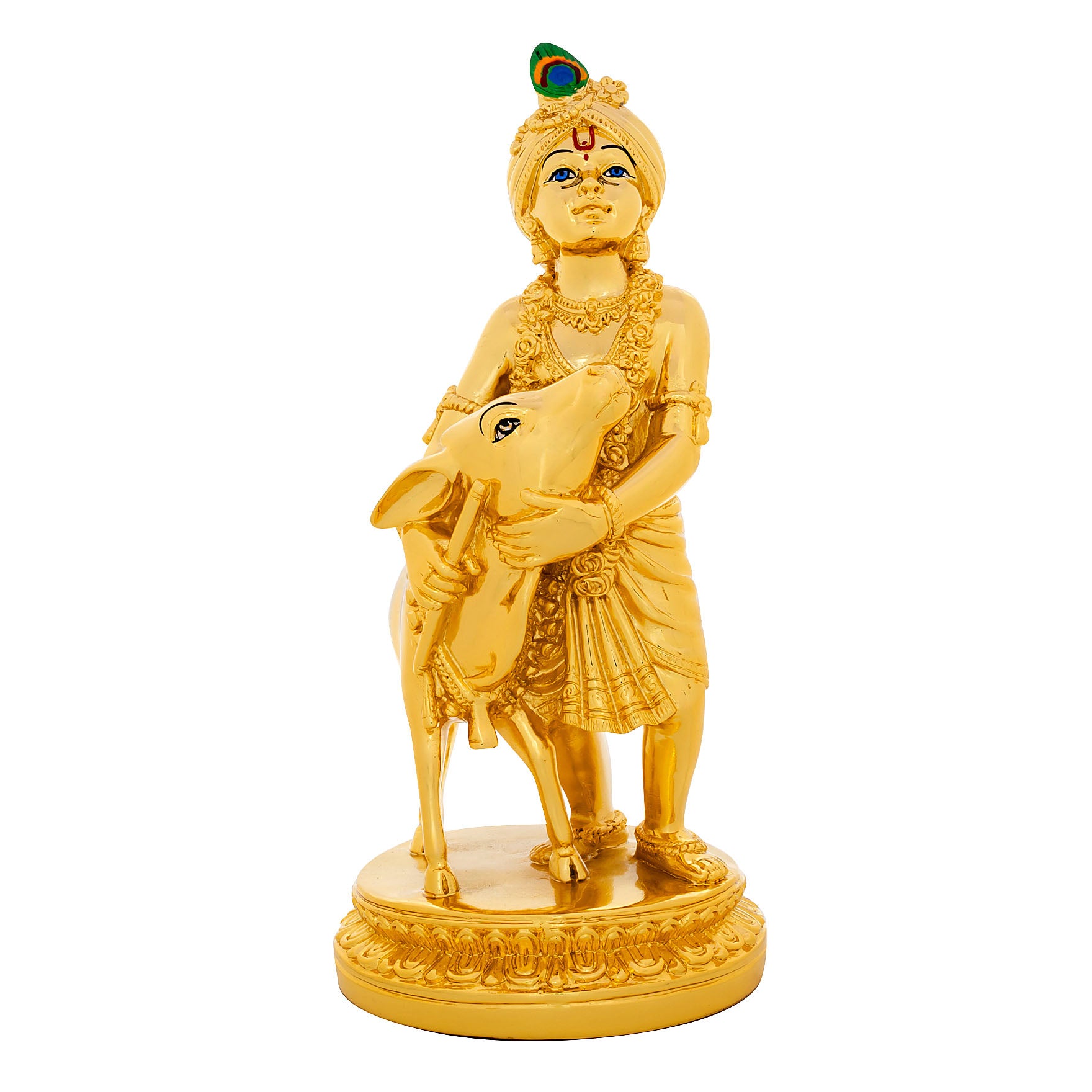 Lord Krishna Idol – Gold Layered Figurine with Cow – Gopala Murti (Hindu Spiritual Statue) – Pooja & Home Décor | PIDRGKR10-0051