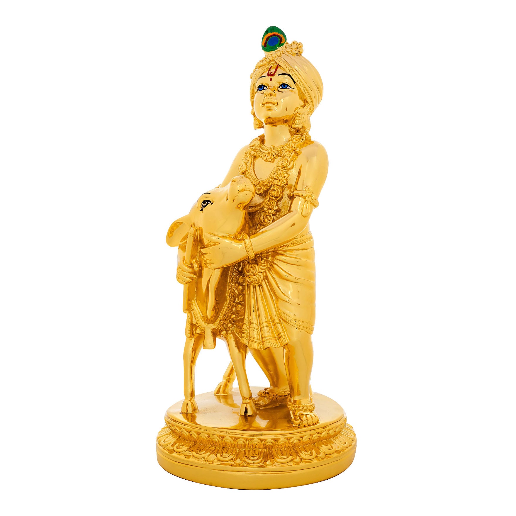 Lord Krishna Idol – Gold Layered Figurine with Cow – Gopala Murti (Hindu Spiritual Statue) – Pooja & Home Décor | PIDRGKR10-0051