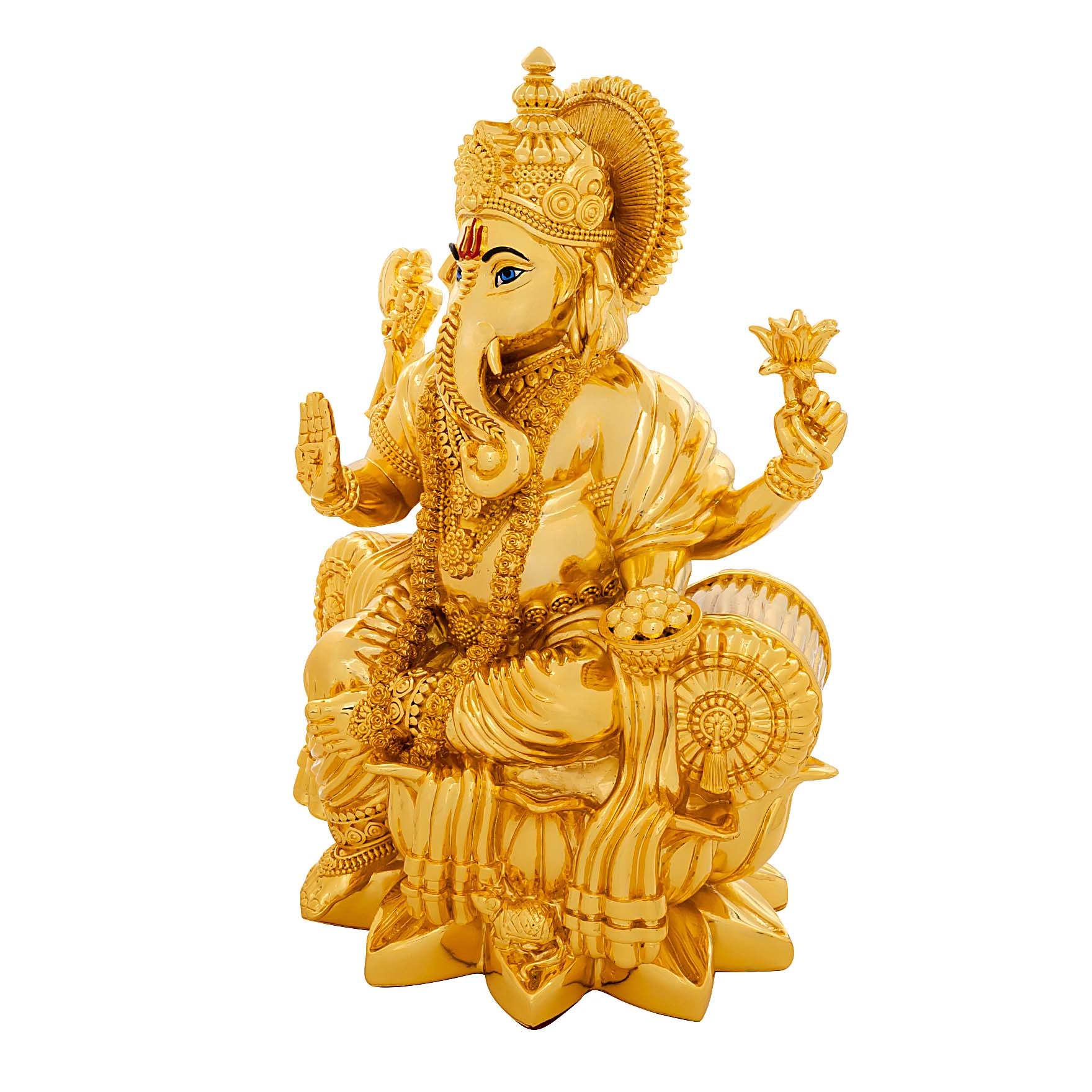 Lord Ganesha Idol – Gold Layered Figurine on Lotus – Ganapati Murti (Hindu Spiritual Statue) – Pooja & Home Décor | PIDRGG64-0083
