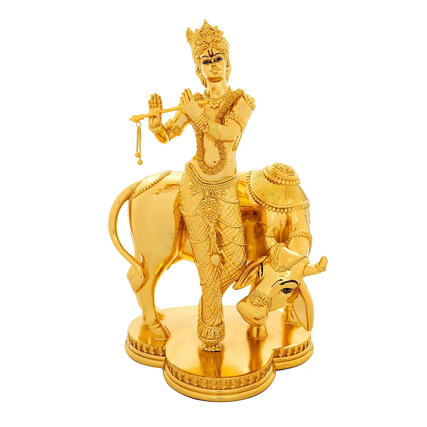 Lord Krishna Idol – Gold Layered Figurine with Cow – Murli Manohar Murti (Hindu Spiritual Statue) – Pooja & Home Décor PIDRGKR12-0053