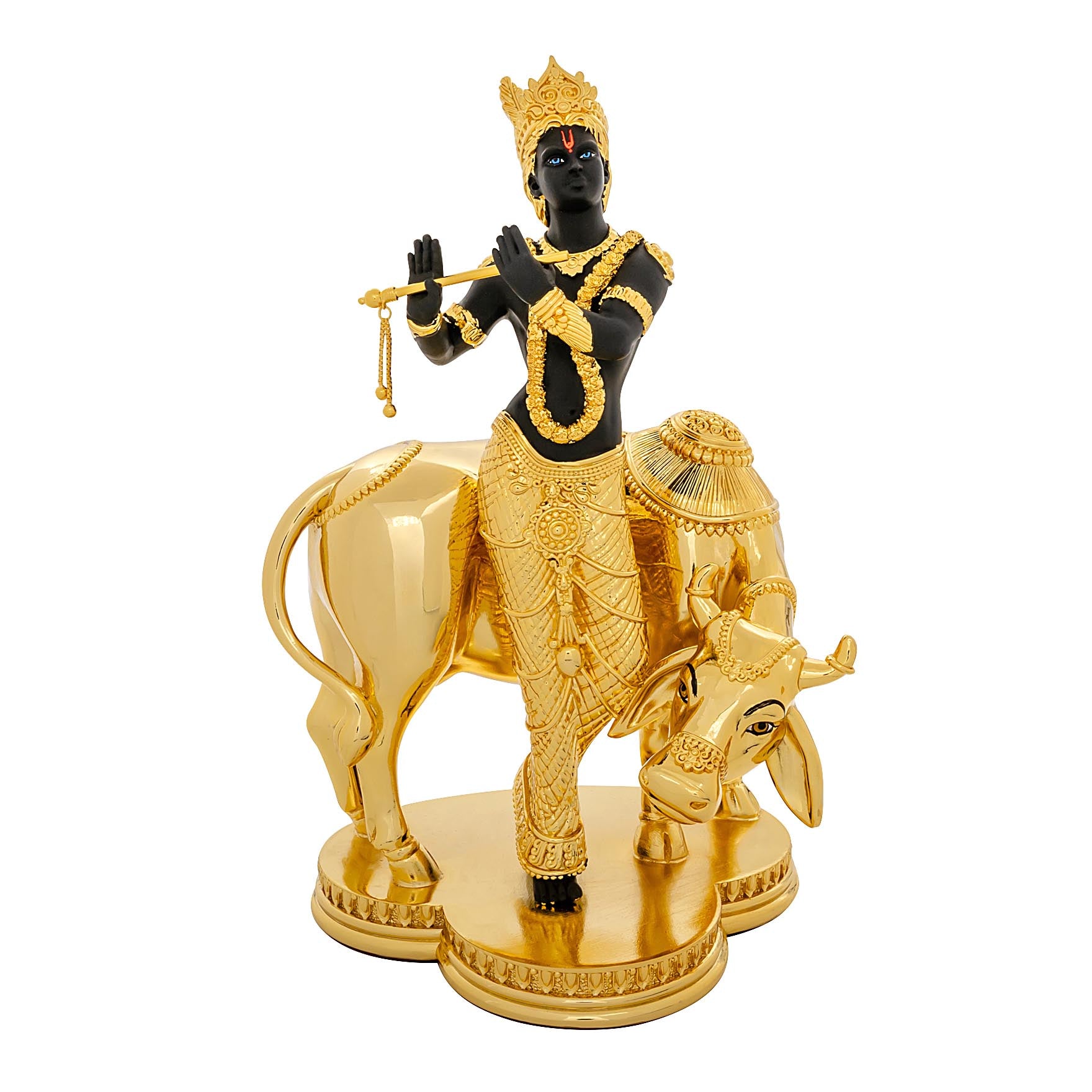 Lord Krishna Idol – Gold Layered Figurine with Cow and Black Finish – Murli Manohar Murti (Hindu Spiritual Statue) – Pooja & Home Décor PIDRBXR11-0053