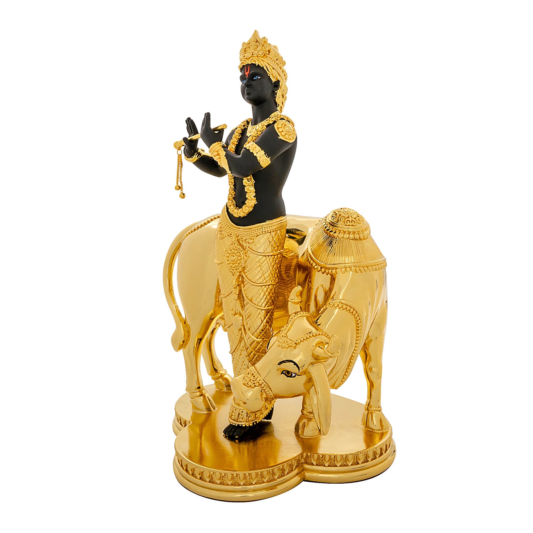Lord Krishna Idol – Gold Layered Figurine with Cow and Black Finish – Murli Manohar Murti (Hindu Spiritual Statue) – Pooja & Home Décor PIDRBXR11-0053