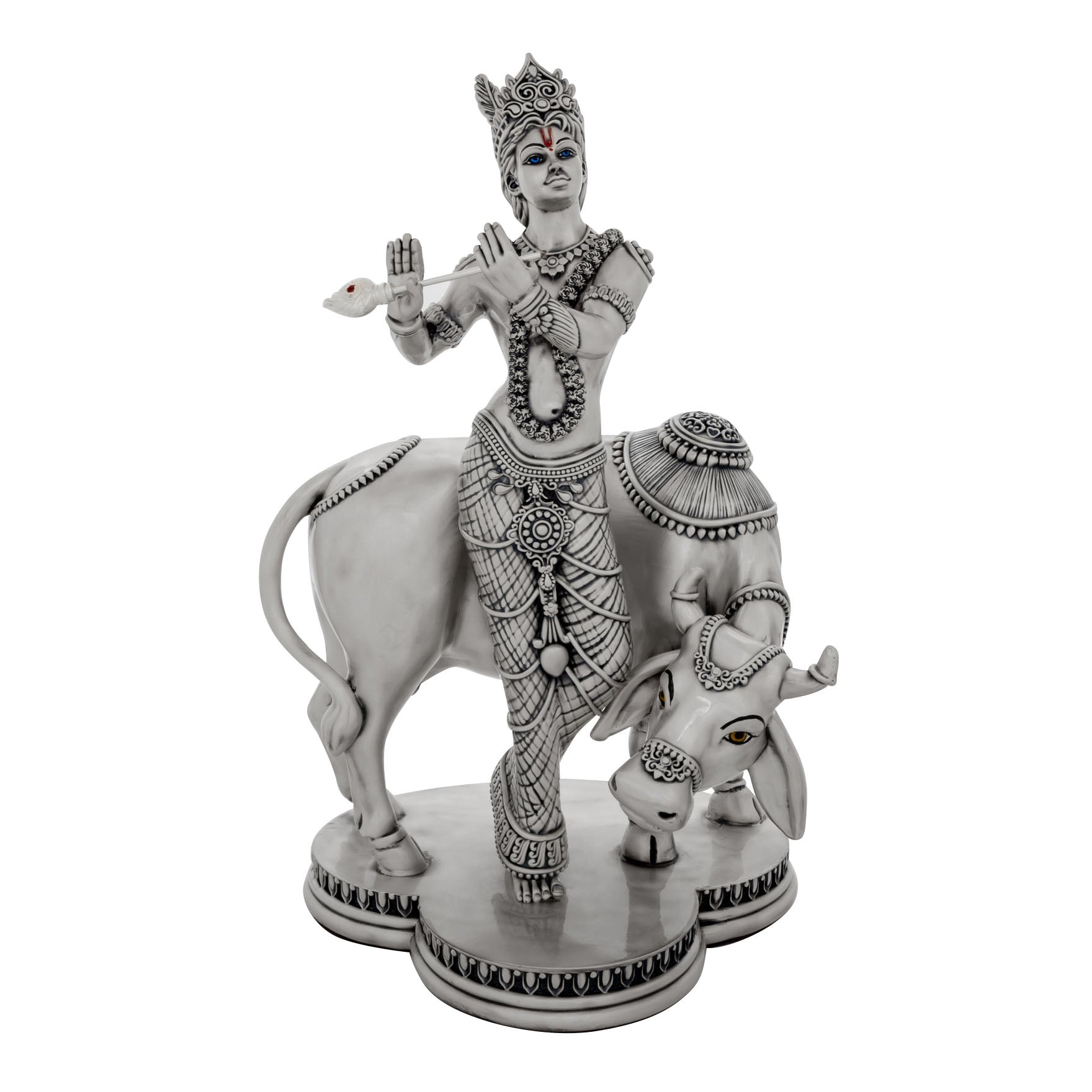 Lord Krishna Idol – Antique Silver Layered Figurine with Cow – Murli Manohar Murti (Hindu Spiritual Statue) – Pooja & Home Décor | PIDRSKR1-0042