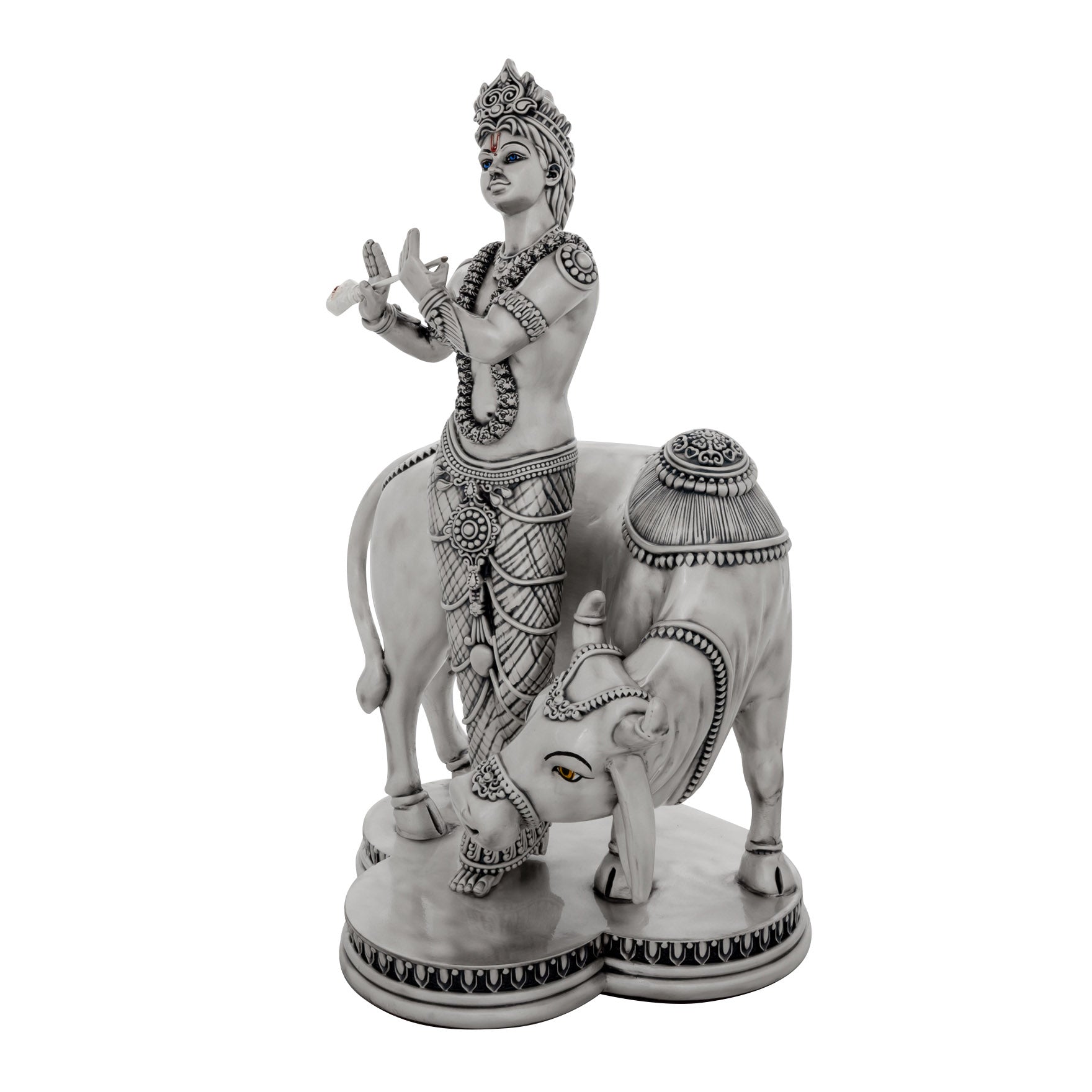 Lord Krishna Idol – Antique Silver Layered Figurine with Cow – Murli Manohar Murti (Hindu Spiritual Statue) – Pooja & Home Décor | PIDRSKR1-0042