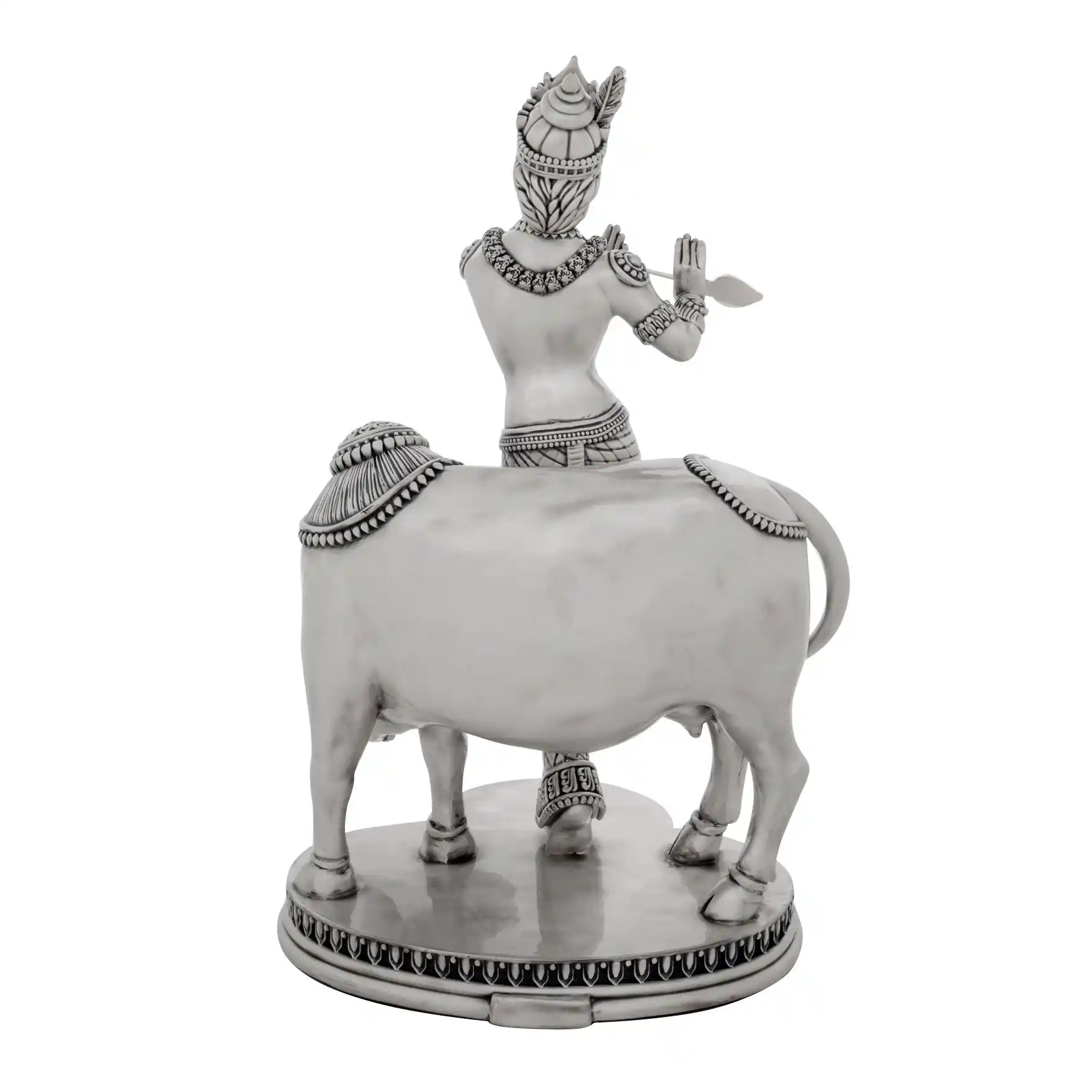 Lord Krishna Idol – Antique Silver Layered Figurine with Cow – Murli Manohar Murti (Hindu Spiritual Statue) – Pooja & Home Décor | PIDRSKR1-0042