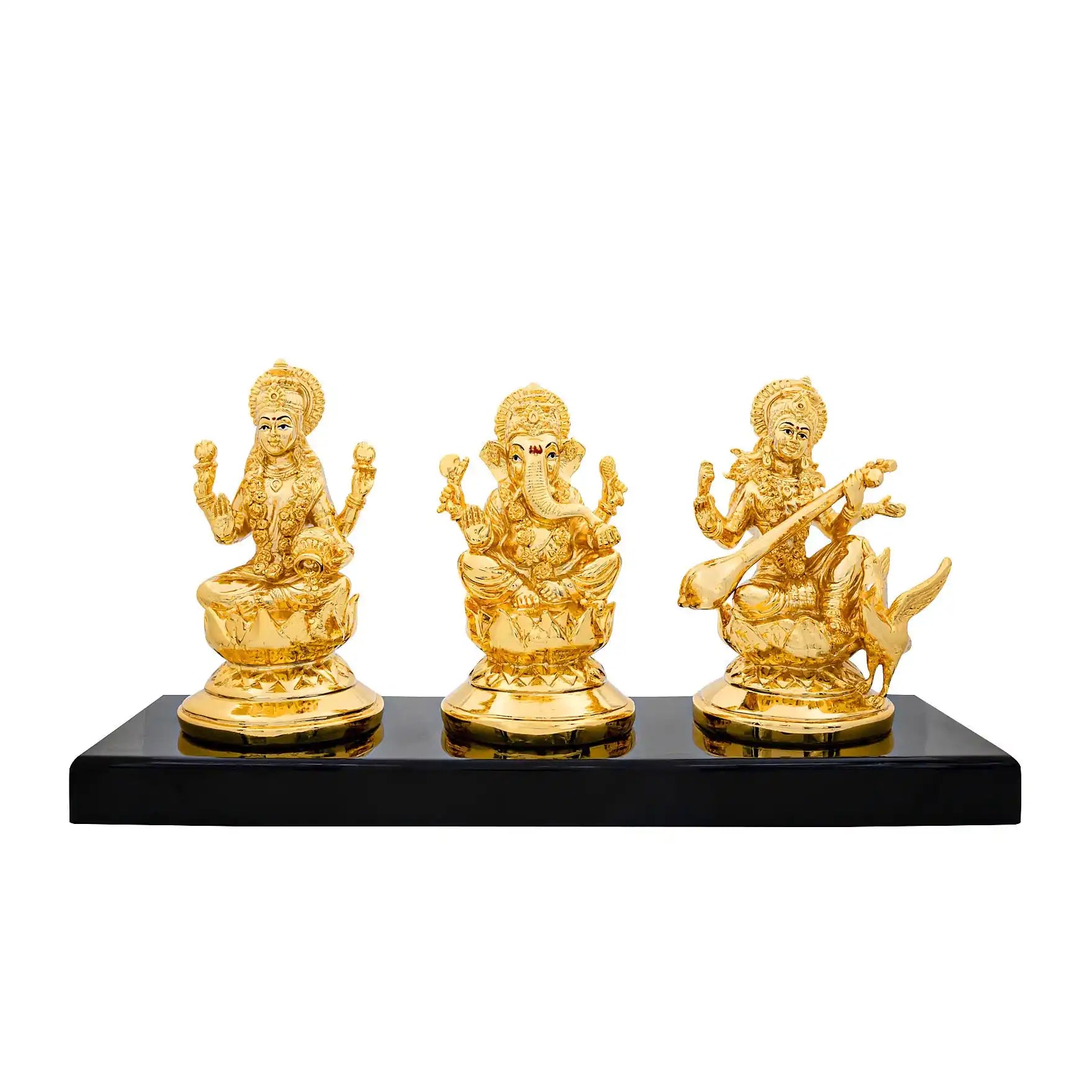 Lakshmi Ganesha Saraswati Idol Set – Gold Layered Triple Figurine with Carved Detailing – Hindu Spiritual Statue – Pooja & Home Décor | PIDRGLGS2-0021