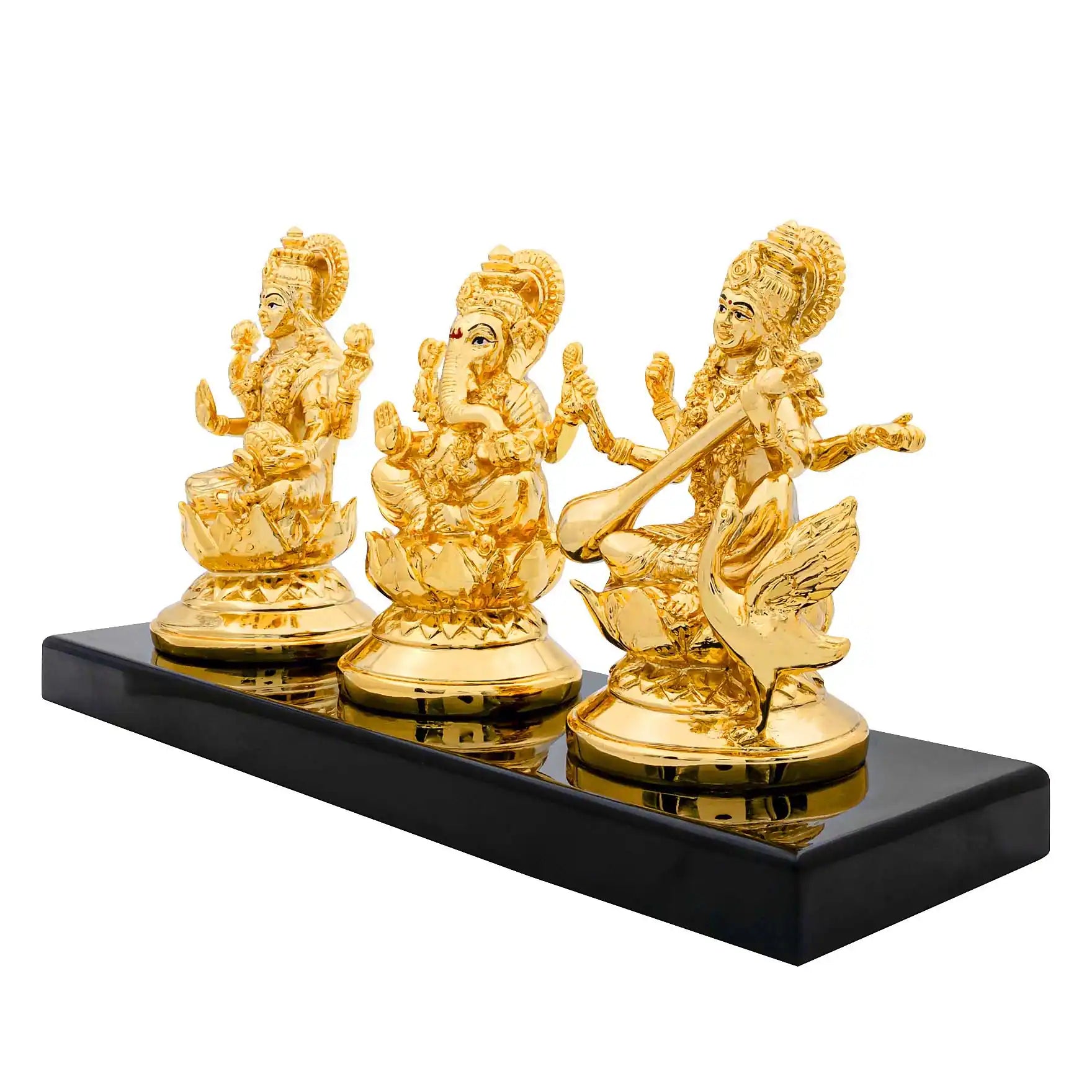 Lakshmi Ganesha Saraswati Idol Set – Gold Layered Triple Figurine with Carved Detailing – Hindu Spiritual Statue – Pooja & Home Décor | PIDRGLGS2-0021