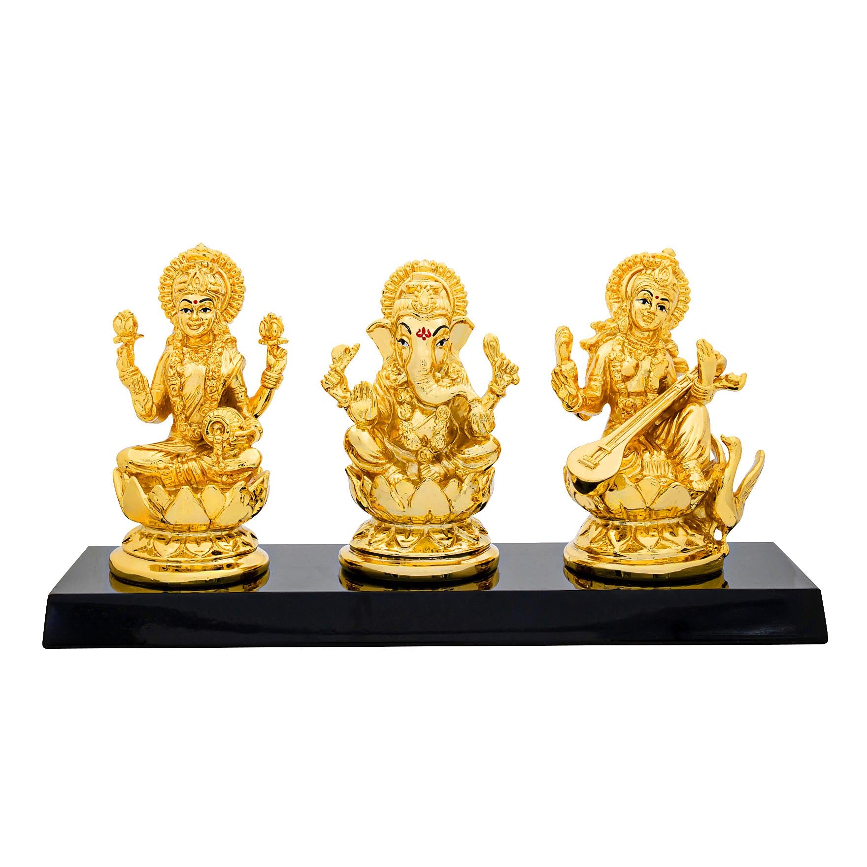 Lakshmi Ganesha Saraswati Idol Set – Gold Layered Triple Figurine on Base – Hindu Spiritual Statue – Pooja & Home Décor | PIDRGLGS1-0022