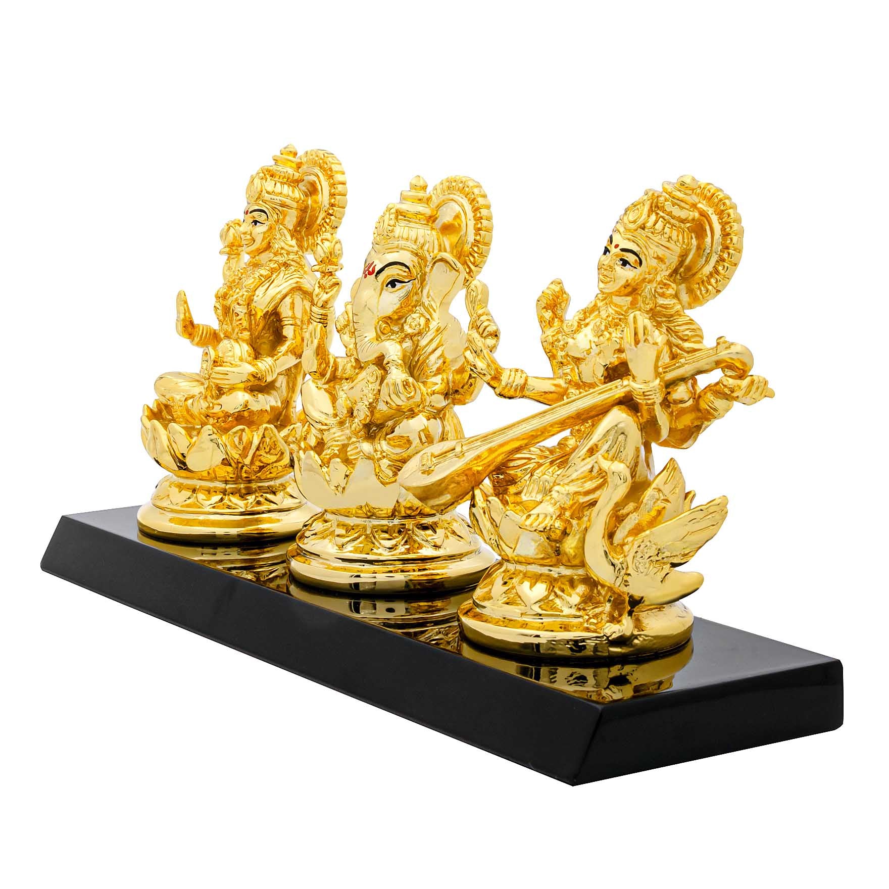 Lakshmi Ganesha Saraswati Idol Set – Gold Layered Triple Figurine on Base – Hindu Spiritual Statue – Pooja & Home Décor | PIDRGLGS1-0022