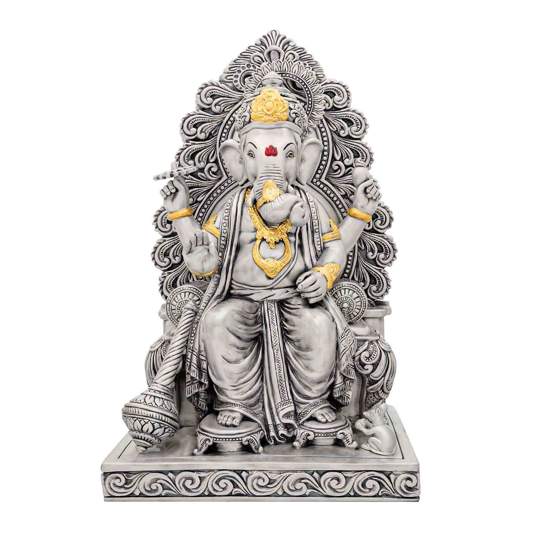 Lord Ganesha Idol – Antique Silver Layered Figurine on Throne – Ganapati Murti (Hindu Spiritual Statue) – Pooja & Home Décor | PIDRSG22-0004