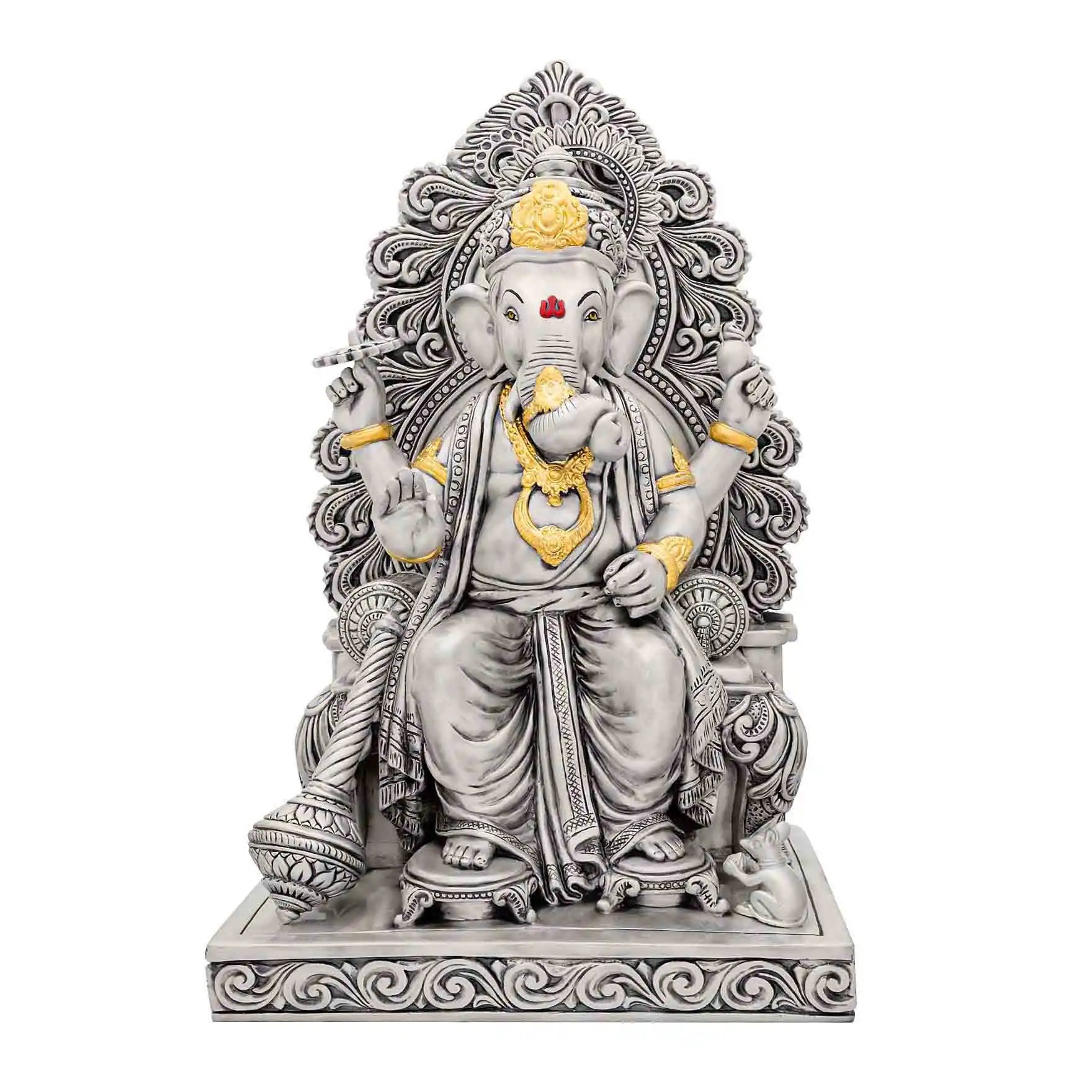 Lord Ganesha Idol – Antique Silver Layered Figurine on Throne – Ganapati Murti (Hindu Spiritual Statue) – Pooja & Home Décor | PIDRSG22-0004