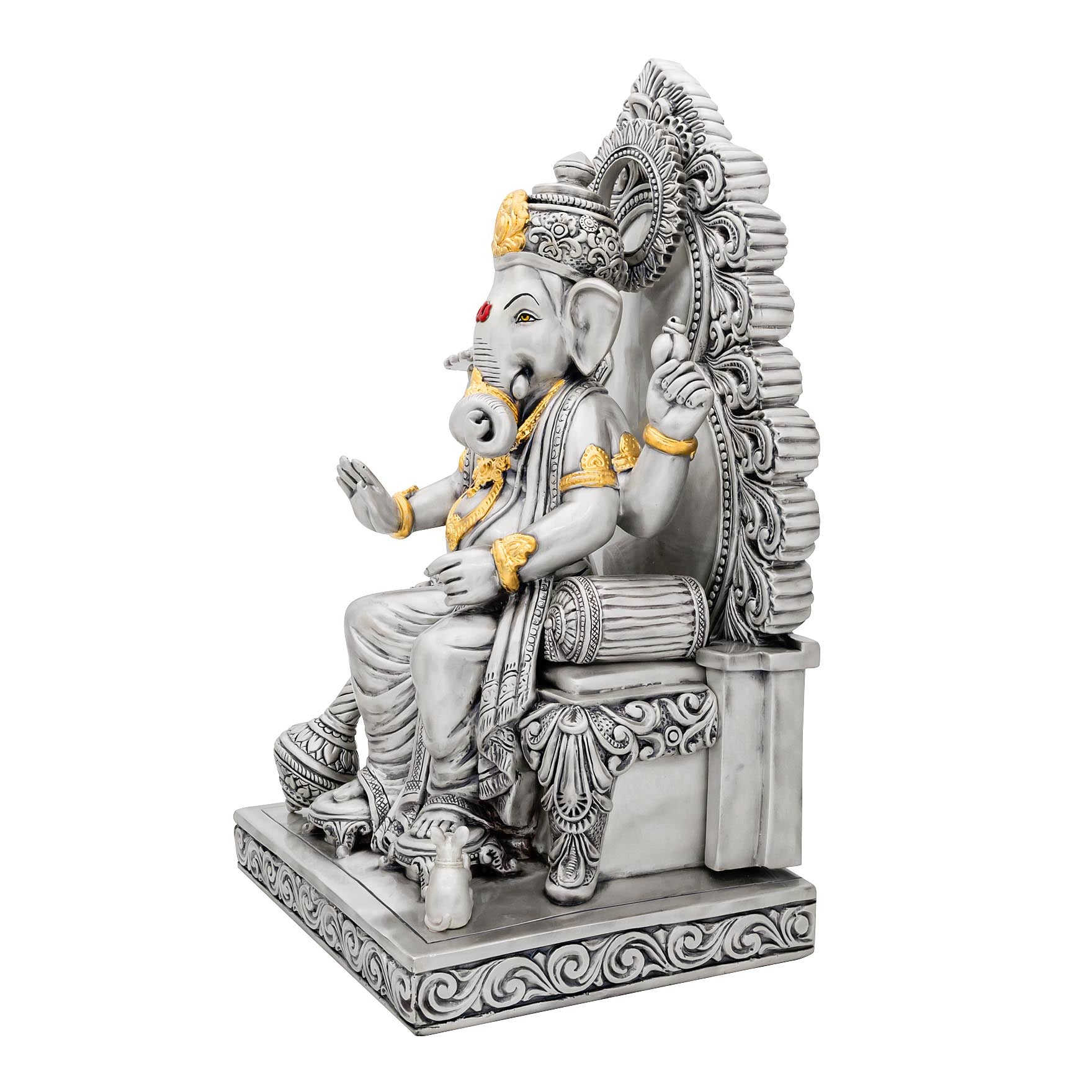 Lord Ganesha Idol – Antique Silver Layered Figurine on Throne – Ganapati Murti (Hindu Spiritual Statue) – Pooja & Home Décor | PIDRSG22-0004