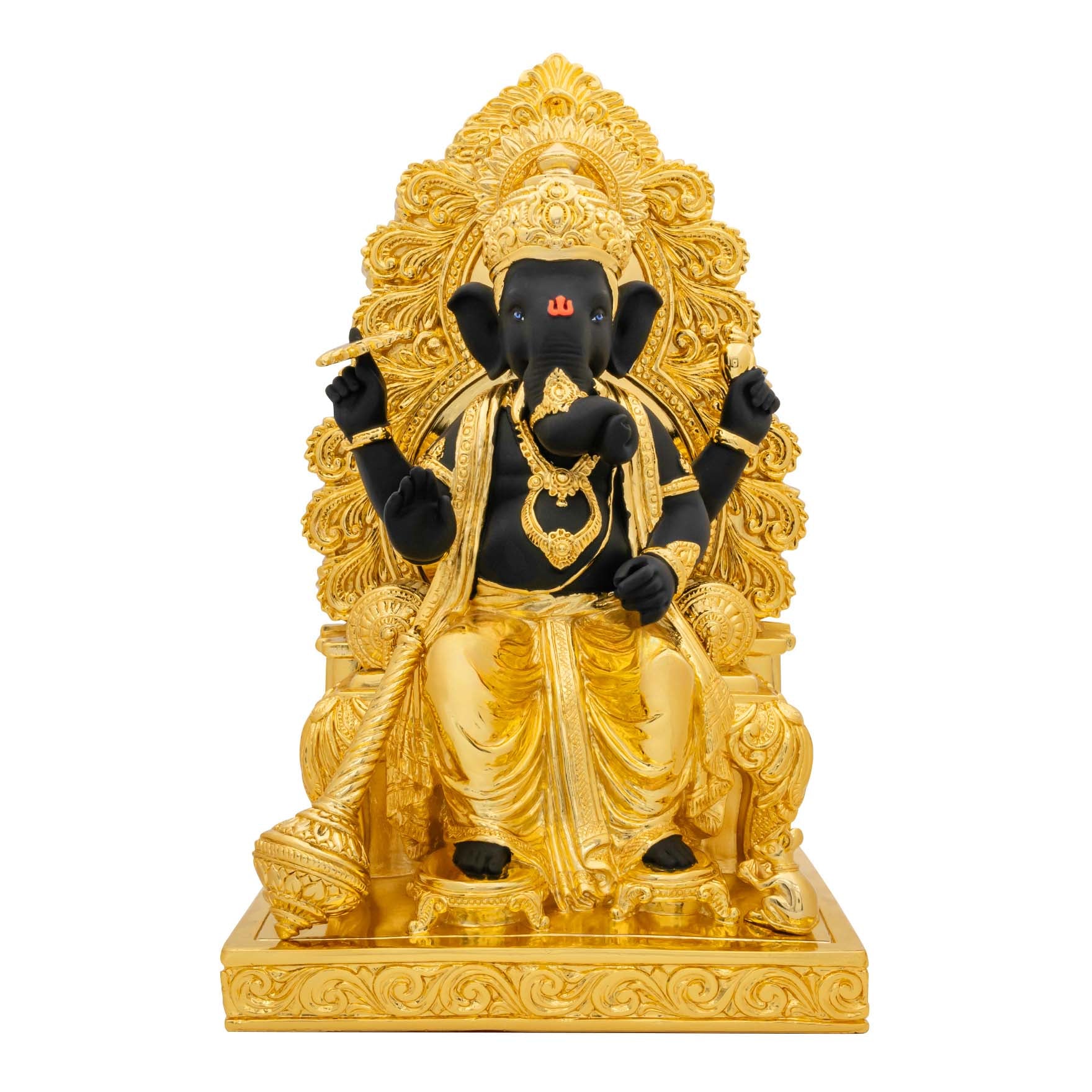 Lord Ganesha Idol – Gold Layered Figurine on Throne with Black Finish – Ganapati Murti (Hindu Spiritual Statue) – Pooja & Home Décor | PIDRBG65-0005