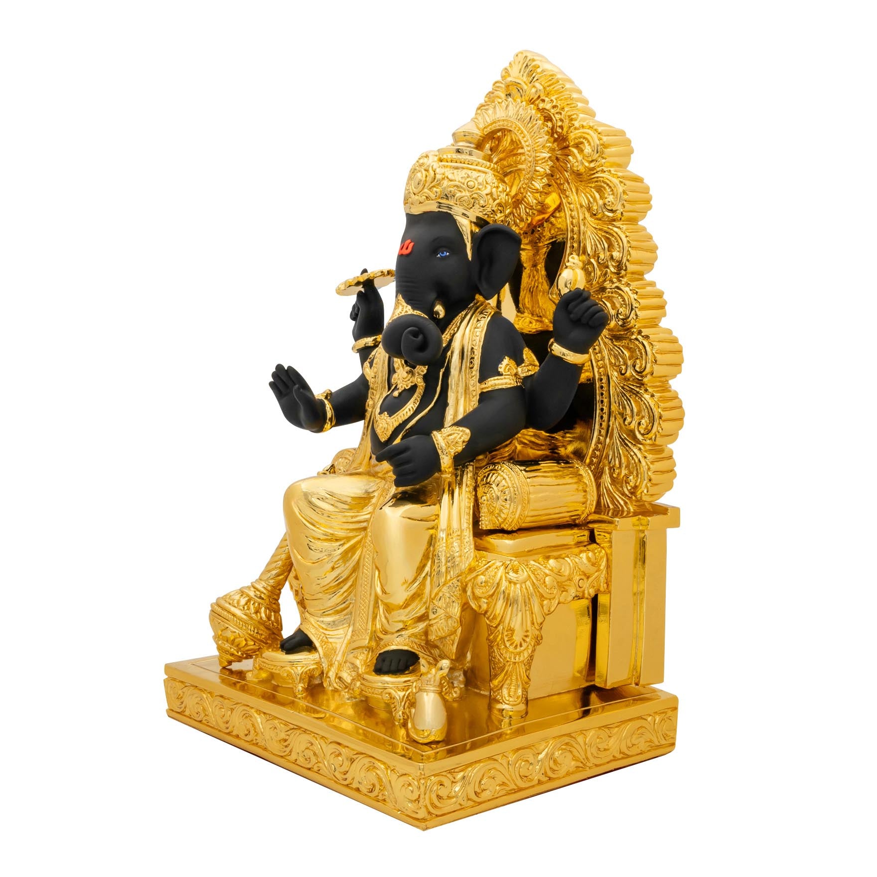 Lord Ganesha Idol – Gold Layered Figurine on Throne with Black Finish – Ganapati Murti (Hindu Spiritual Statue) – Pooja & Home Décor | PIDRBG65-0005