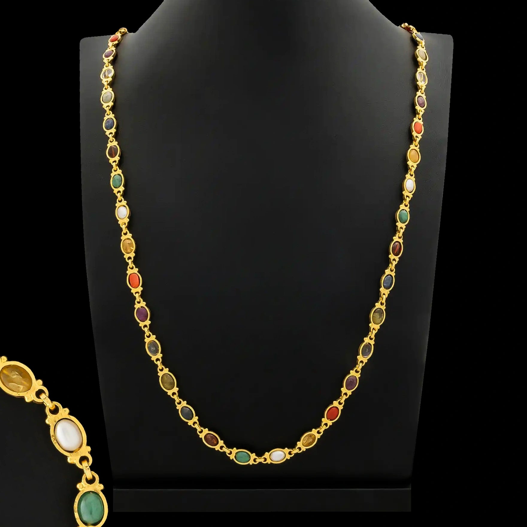 Multi Stone Bezel Long Navaratna Chain Gold Layered