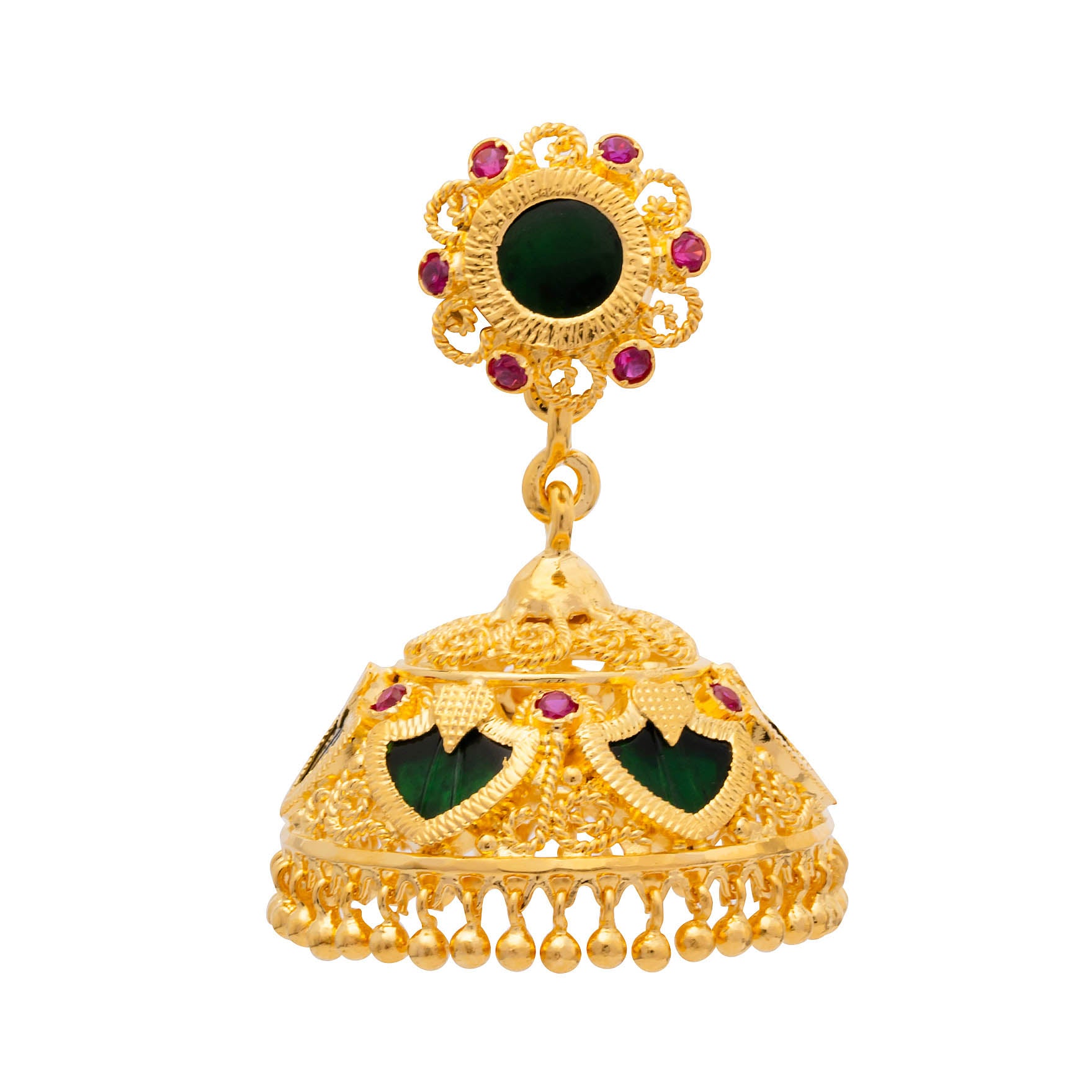 Beautiful Gold Plated Green Jhimika Studs | Parakkat Jewels