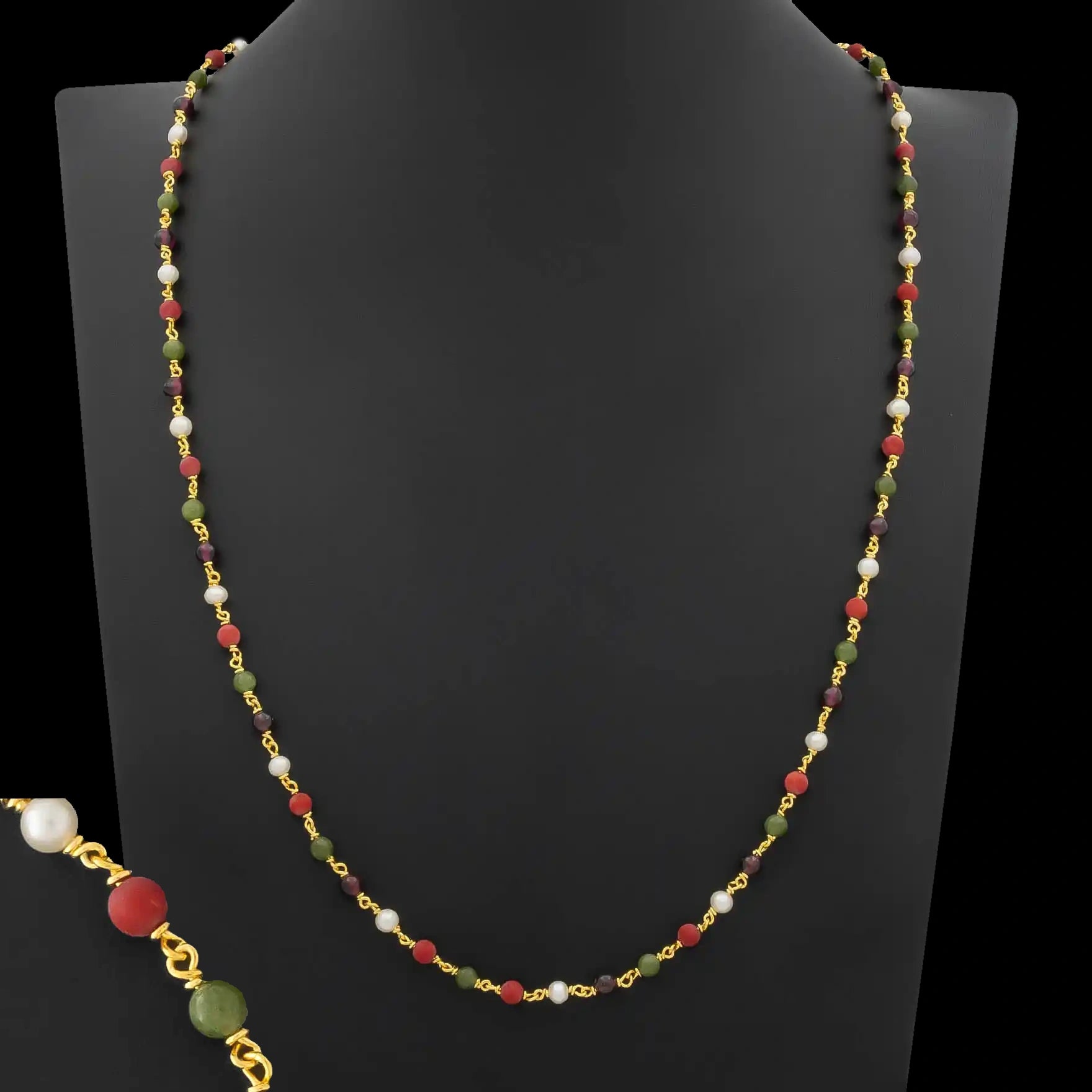 Multi Bead Station Long Coral Stone Chain Gold Layered