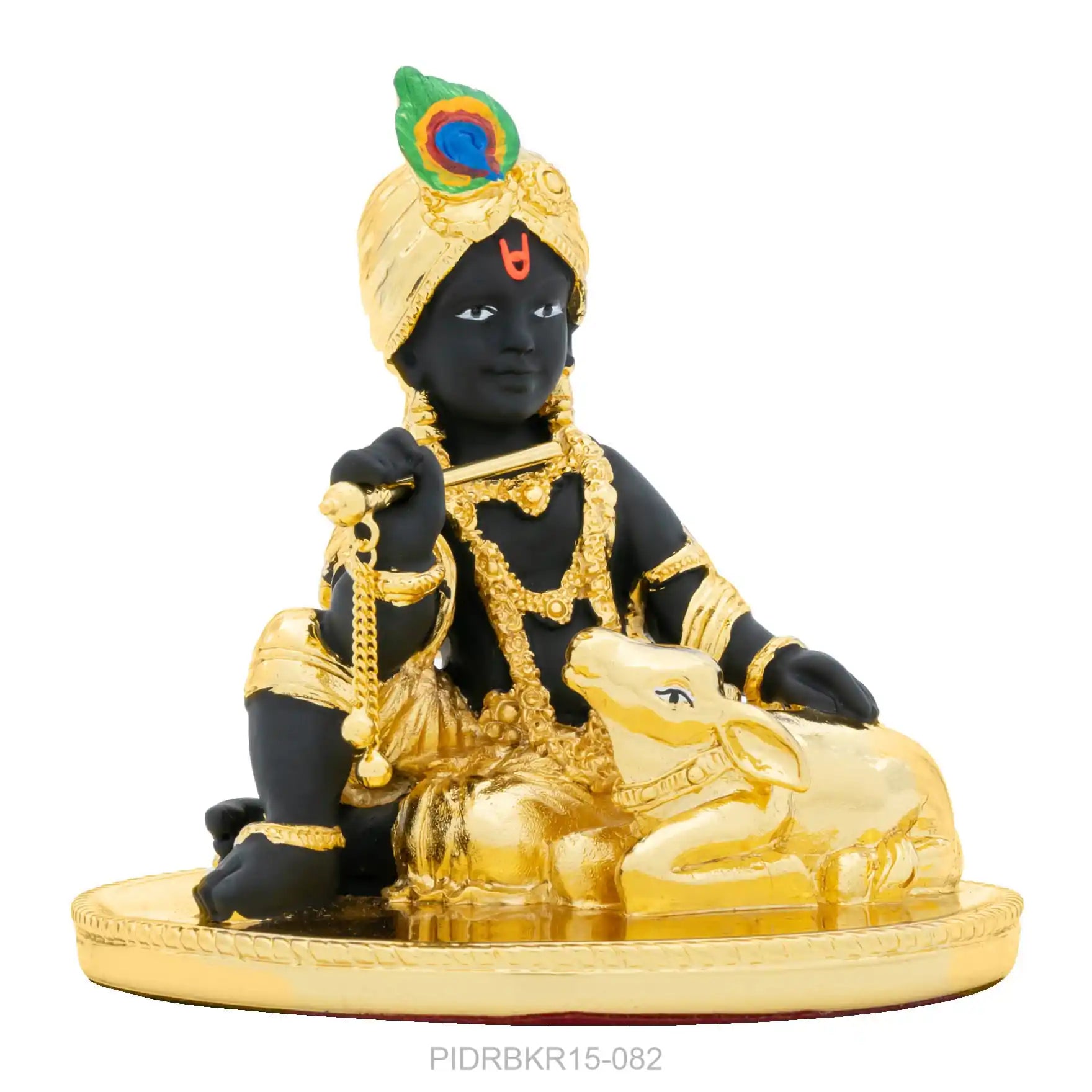 Lord Krishna Idol – Gold Layered Figurine with Flute – Bal Gopal Murti with Cow (Hindu Spiritual Statue) – Pooja & Home Décor | PIDRBKR15-082