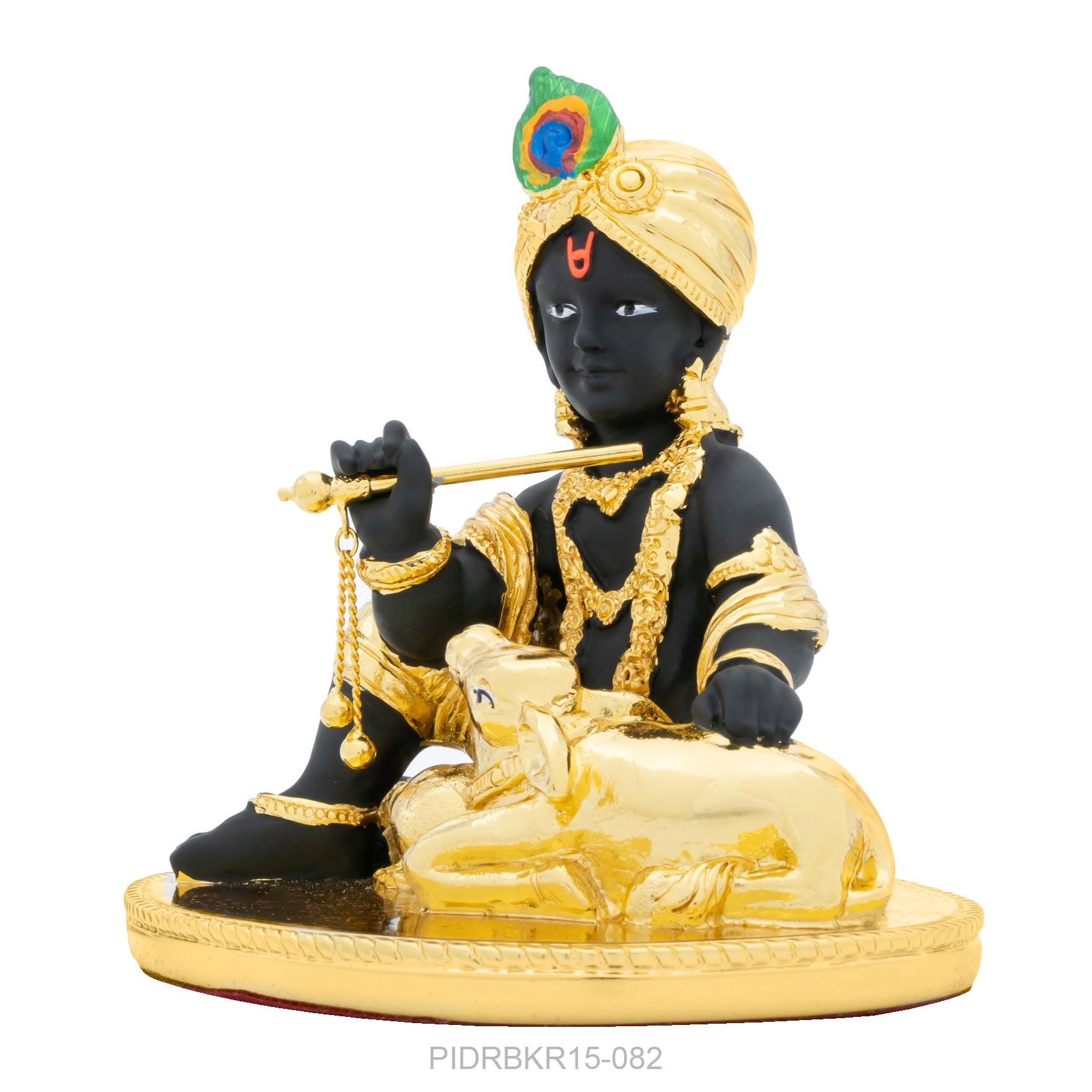 Lord Krishna Idol – Gold Layered Figurine with Flute – Bal Gopal Murti with Cow (Hindu Spiritual Statue) – Pooja & Home Décor | PIDRBKR15-082