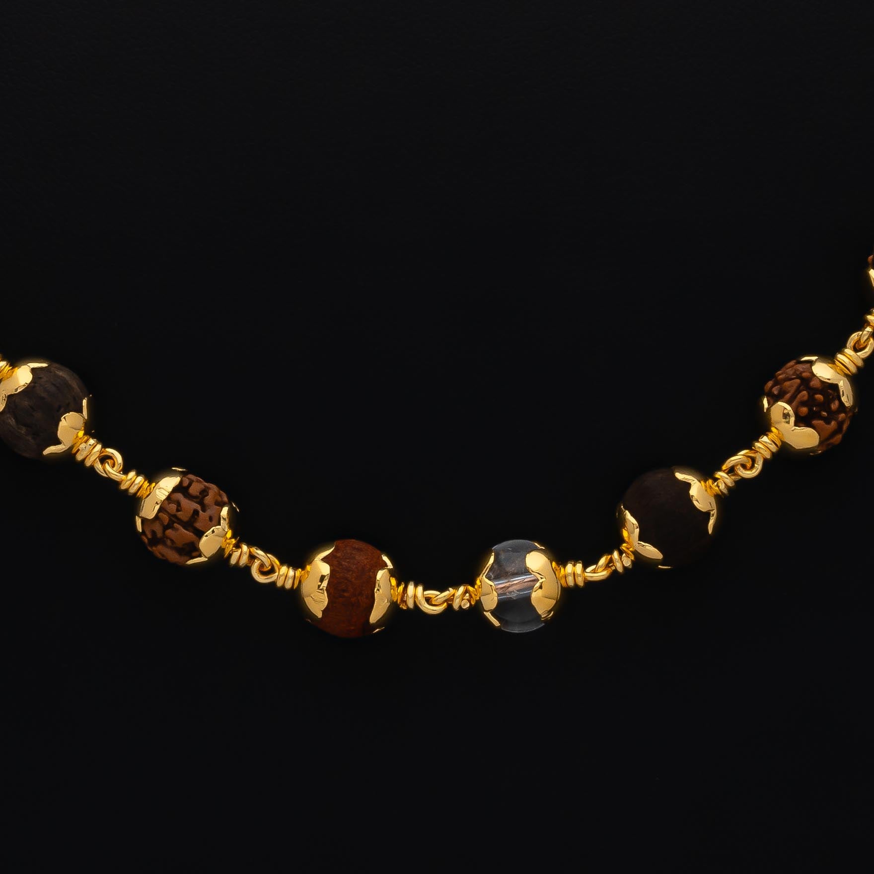 Rudraksha Spadikam Red Sandal Karungali Mala – Spiritual Healing Golden Stone Chain PRUCS2-007