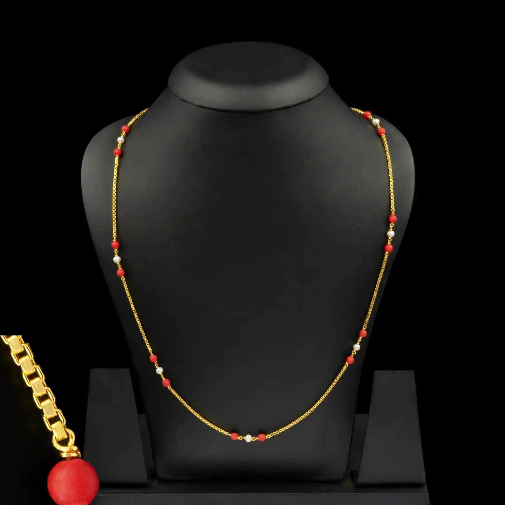 Coral Bead Fine Row Pearl Stone Chain Gold Layered