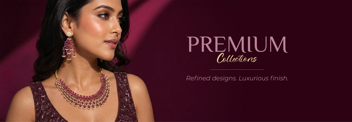 A woman in a dark embellished dress models a multi-layered gold and pink gemstone necklace with matching dangling earrings against a dark maroon background with the text 'PREMIUM Collections'.