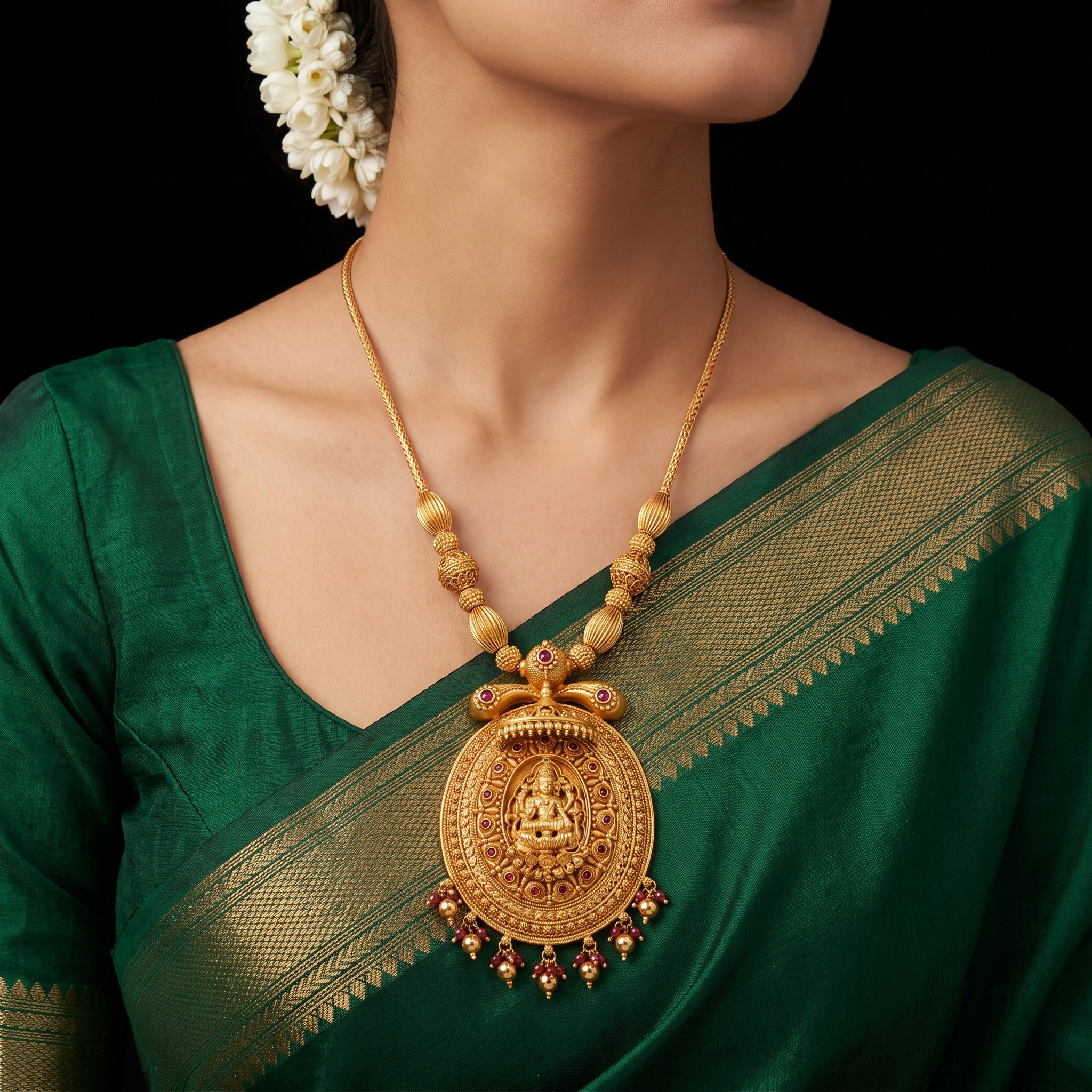 Oval Temple Pendant Wood Gheru Necklace Short Gold Layered