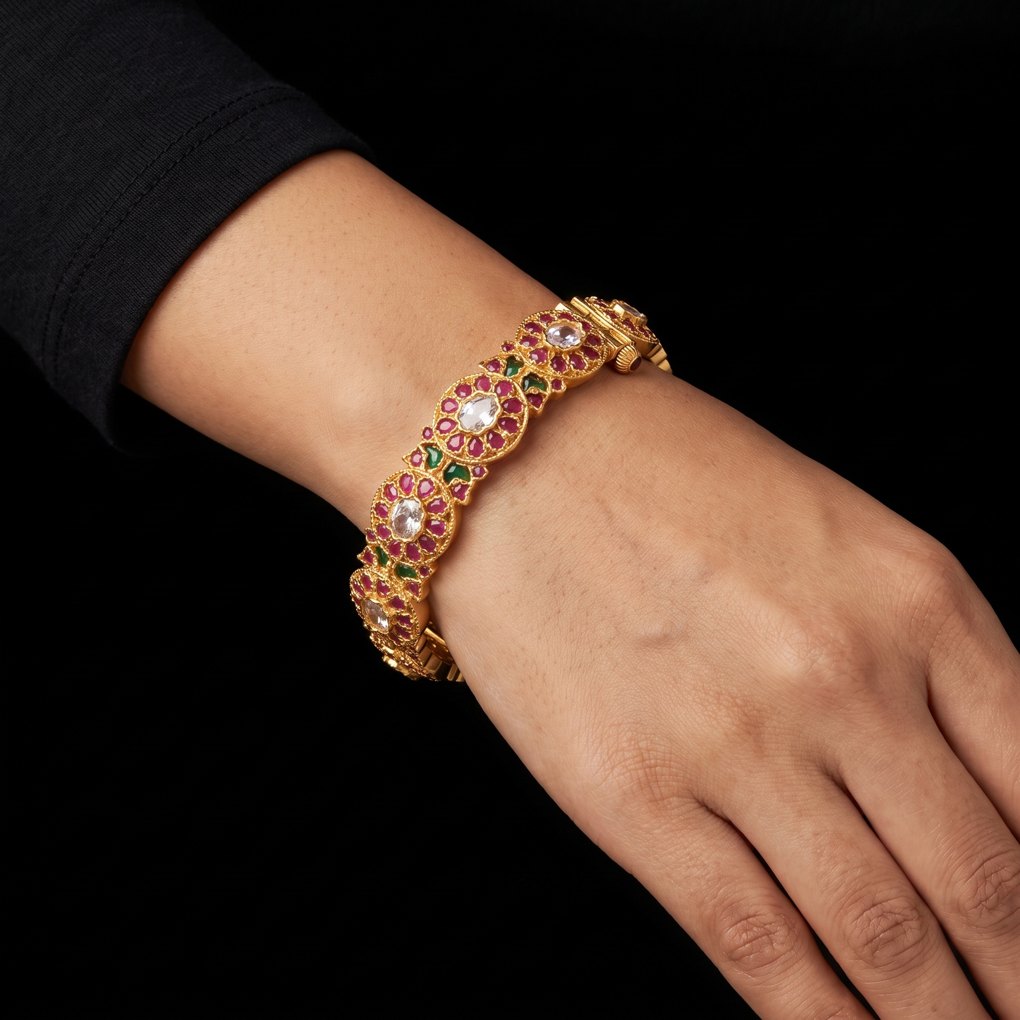 Kundan Floral Antique Pair Stone Gheru Sreshta Bangle Gold Layered